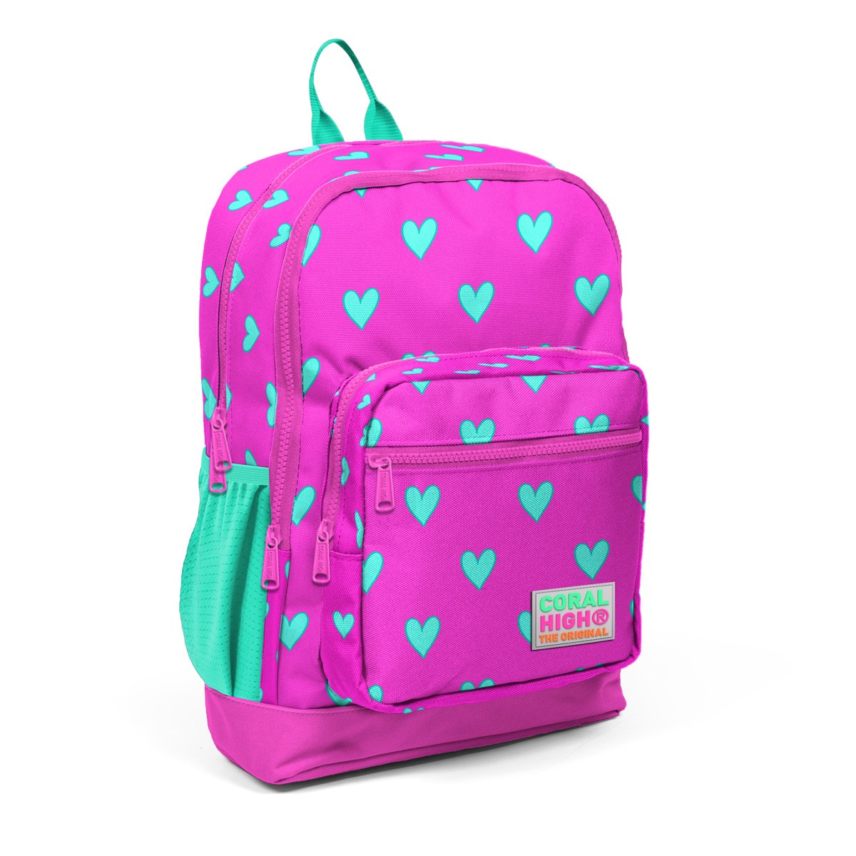 Coral High Kids Neon Pembe Su Yeşili Kalp Desenli 3’lü Okul Çanta Seti