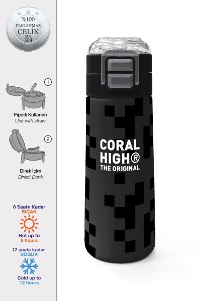 Coral High Kids Siyah Blok Desenli Pipetli ve Direkt İçim Çelik Termos 500 ml