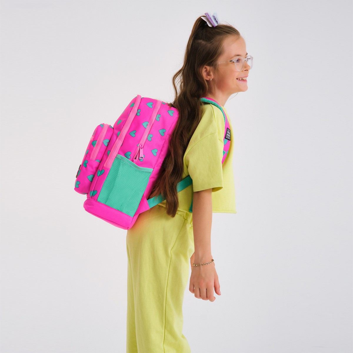 Coral High Kids Neon Pembe Su Yeşili Kalp Desenli 3’lü Okul Çanta Seti