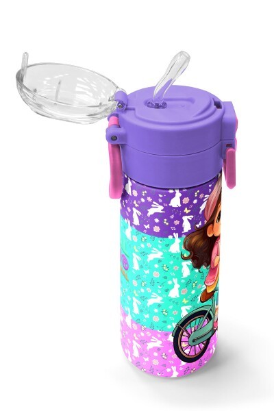 Coral High Kids Mor Pembe Bisikletli Kız Desenli Pipetli ve Direkt İçim Çelik Termos 500 ml