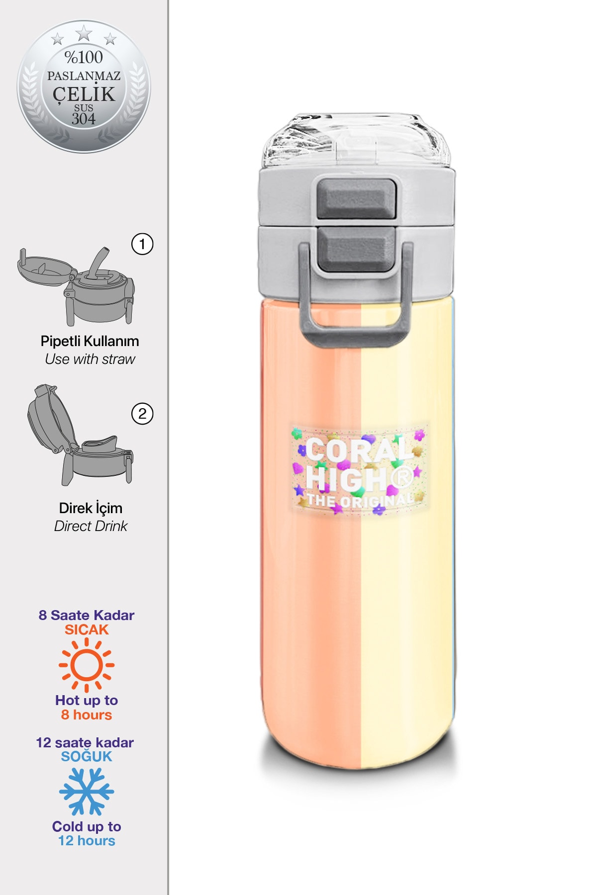 Coral High Kids Turuncu Renkli Çizgili Desenli Pipetli ve Direkt İçim Çelik Termos 500 ml