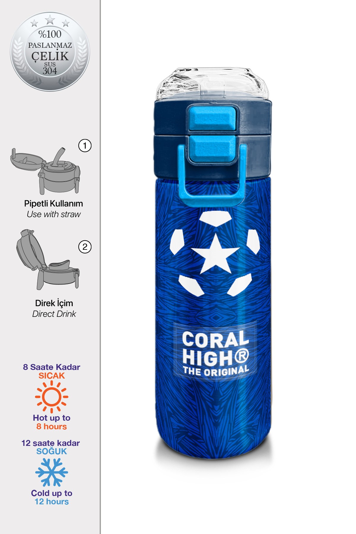 Coral High Kids Lacivert Saks Futbol Desenli Pipetli ve Direkt İçim Çelik Termos 500 ml