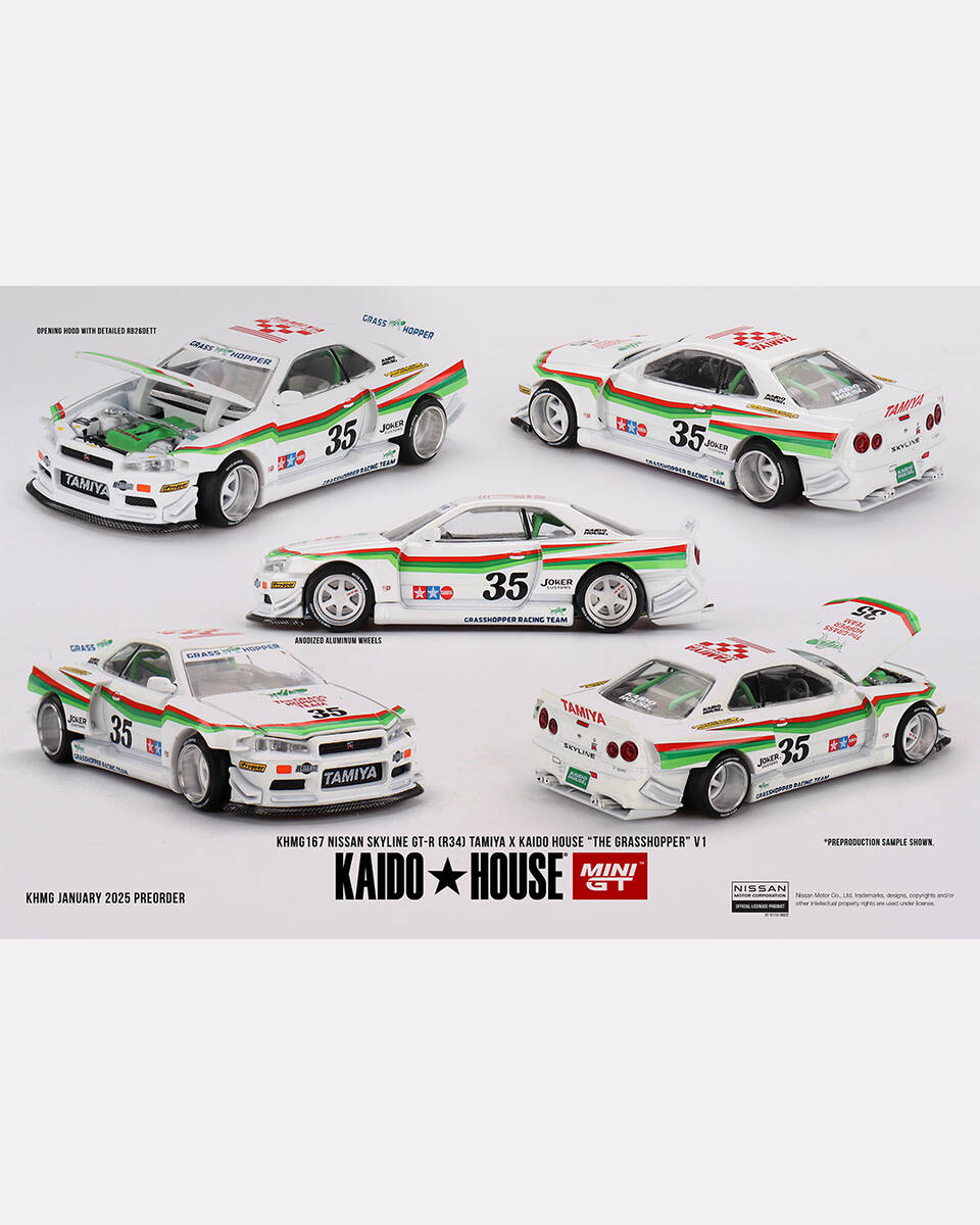  Mini GT 1/64 Nissan Skyline GT-R (R34) TAMIYA x KAIDO HOUSE "The GRASSHOPPER" V1 KHMG167