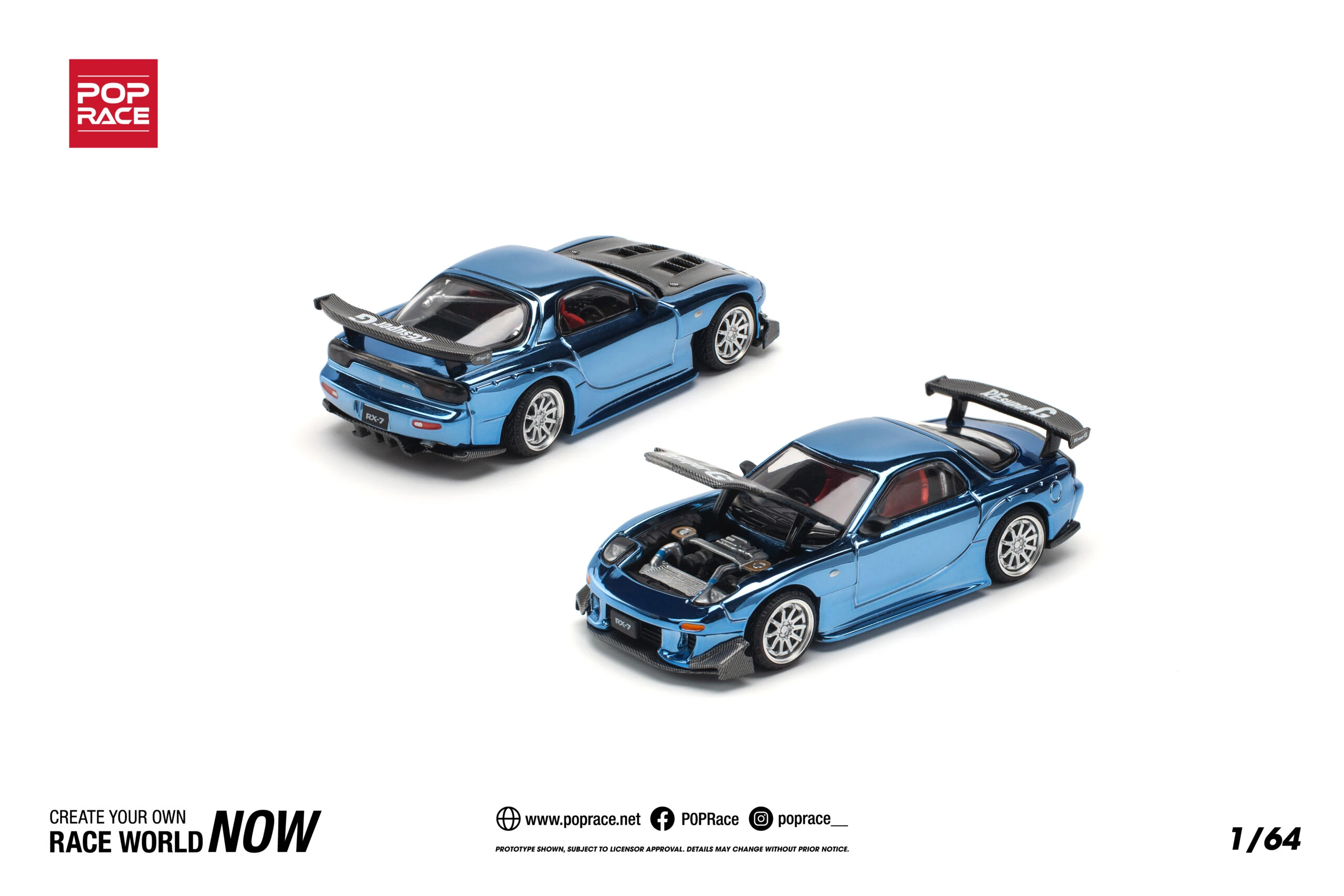 Pop Race 1/64 MAZDA RX7 RE-AMEMIYA WIDEBODY BLUE CHROME PR640223
