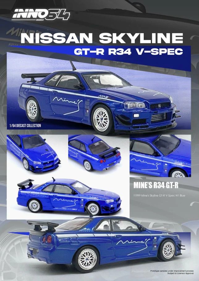 Inno 1/64 Nissan Skyline GT-R (R34) V-SPEC Tuned by "MINE'S" IN64-R34VS-MINES-BL