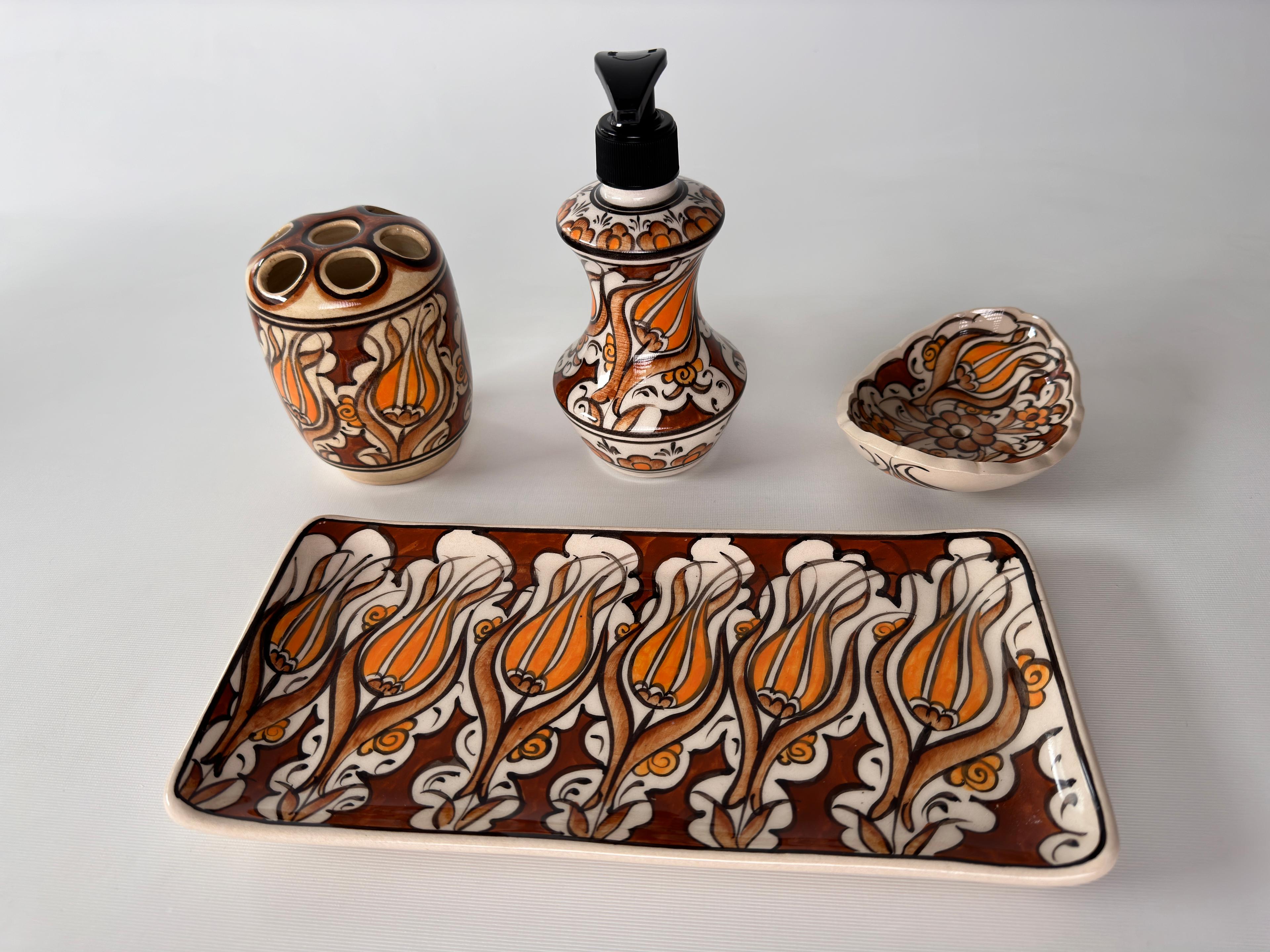 Hand Painted Ceramic Bathroom Accessory Set - Brown Tulip