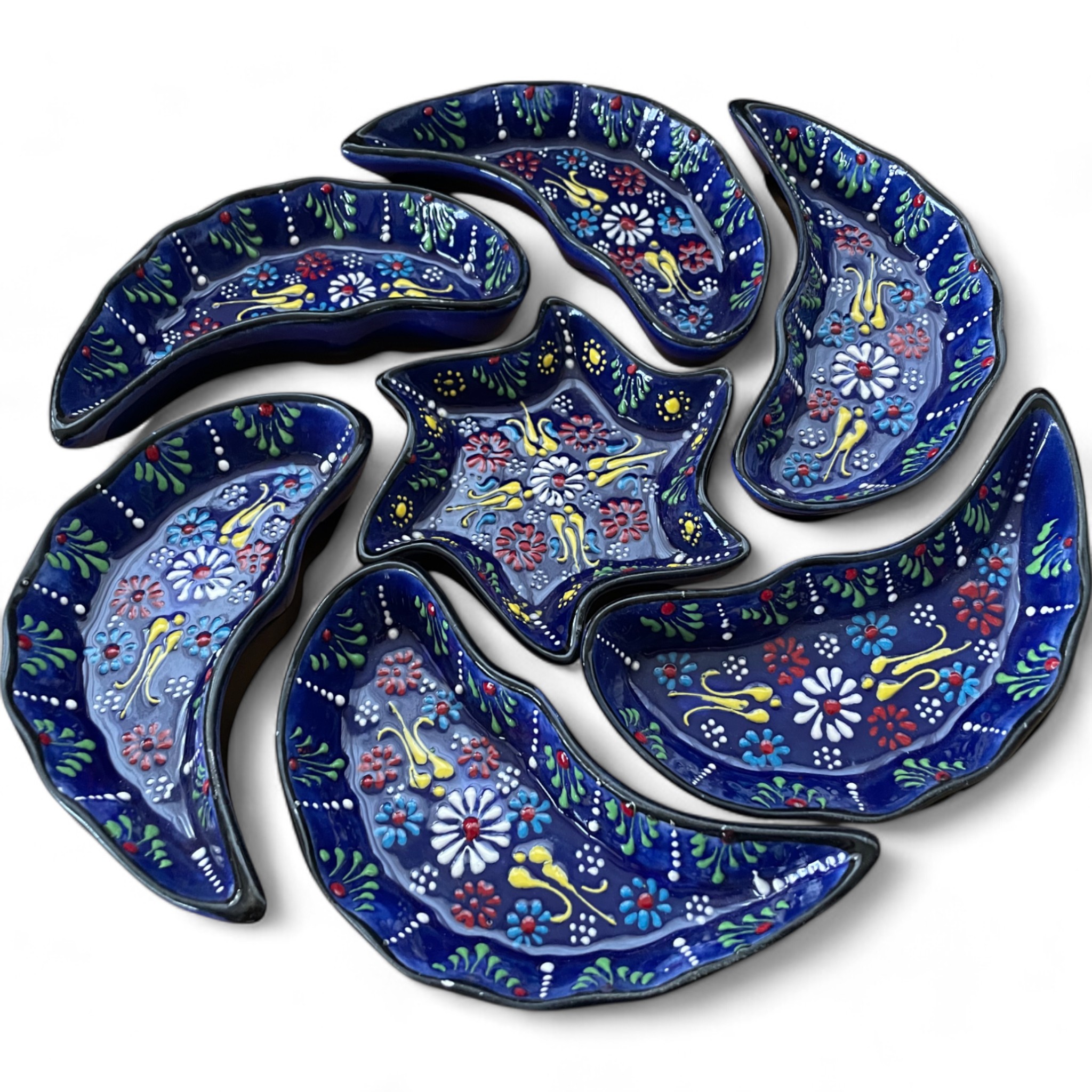 Handcrafted Snack, Nuts Serving Platter and Crudite Dish Set - Raised Relief Pattern - Navy Blue