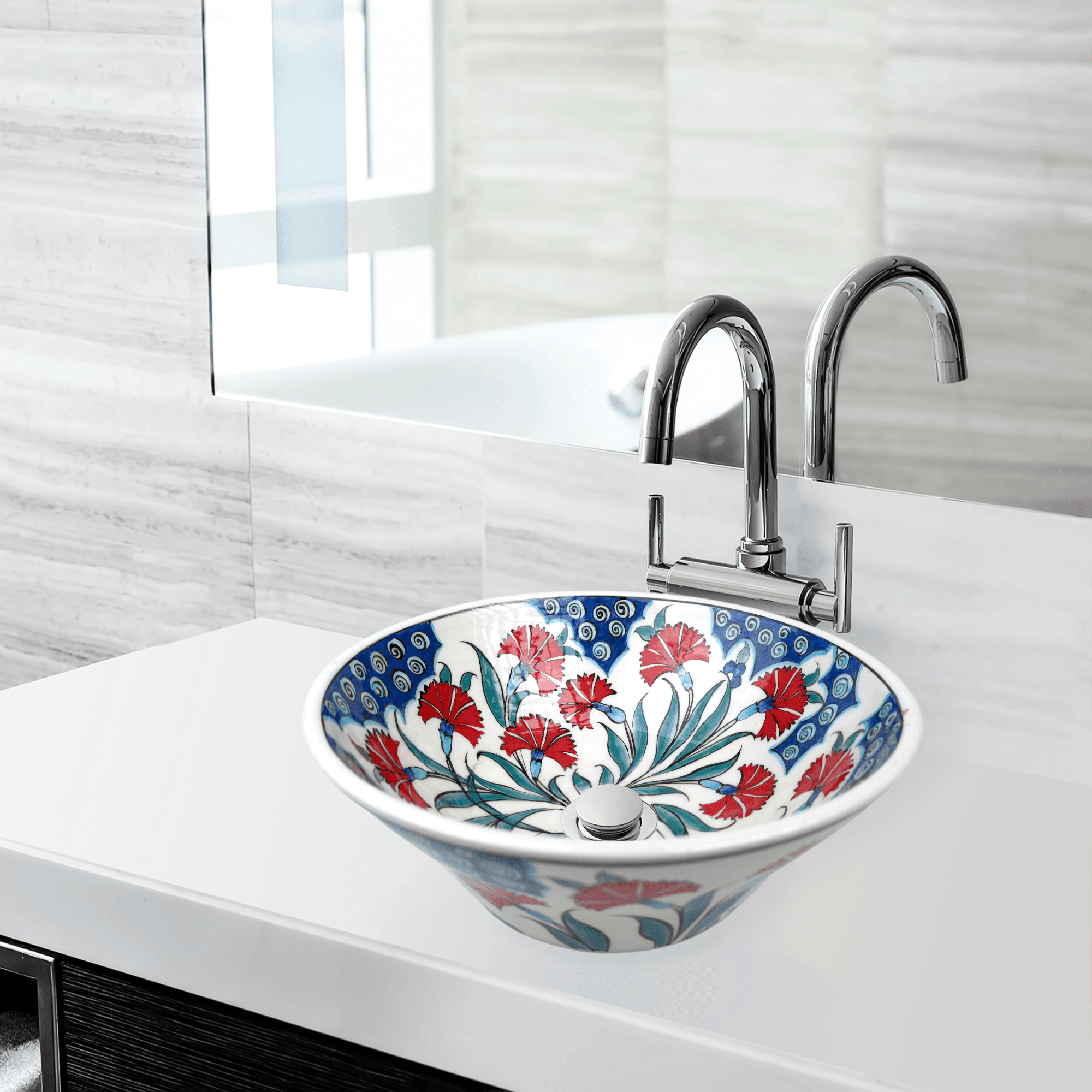 Hand-Painted Floral Ceramic Sink - Elegant Bathroom Decor