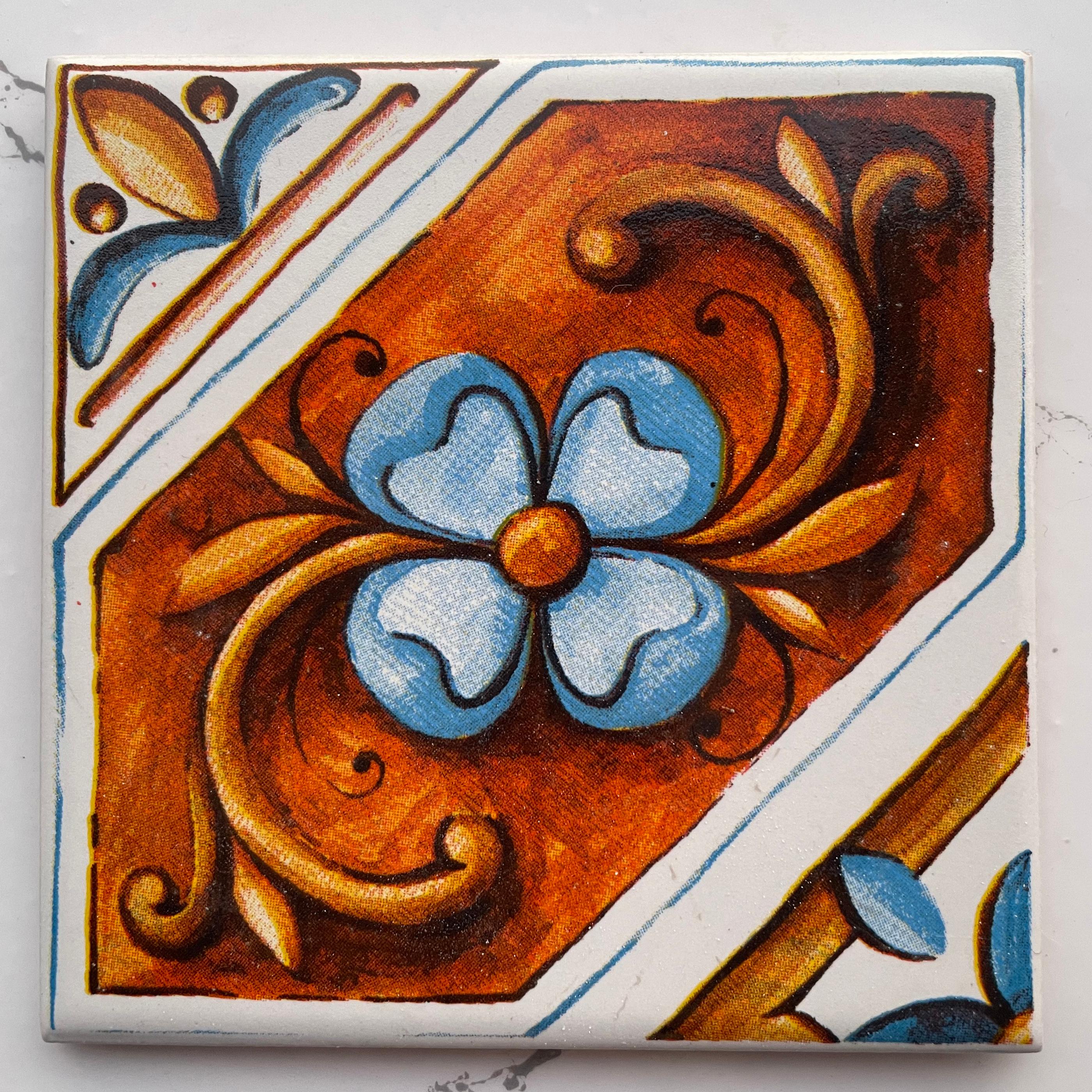 Hand-Printed Mexican Tile Designs - Handcrafted Backsplash Tile with Geometric and Floral Pattern -  3.7in[10cm]