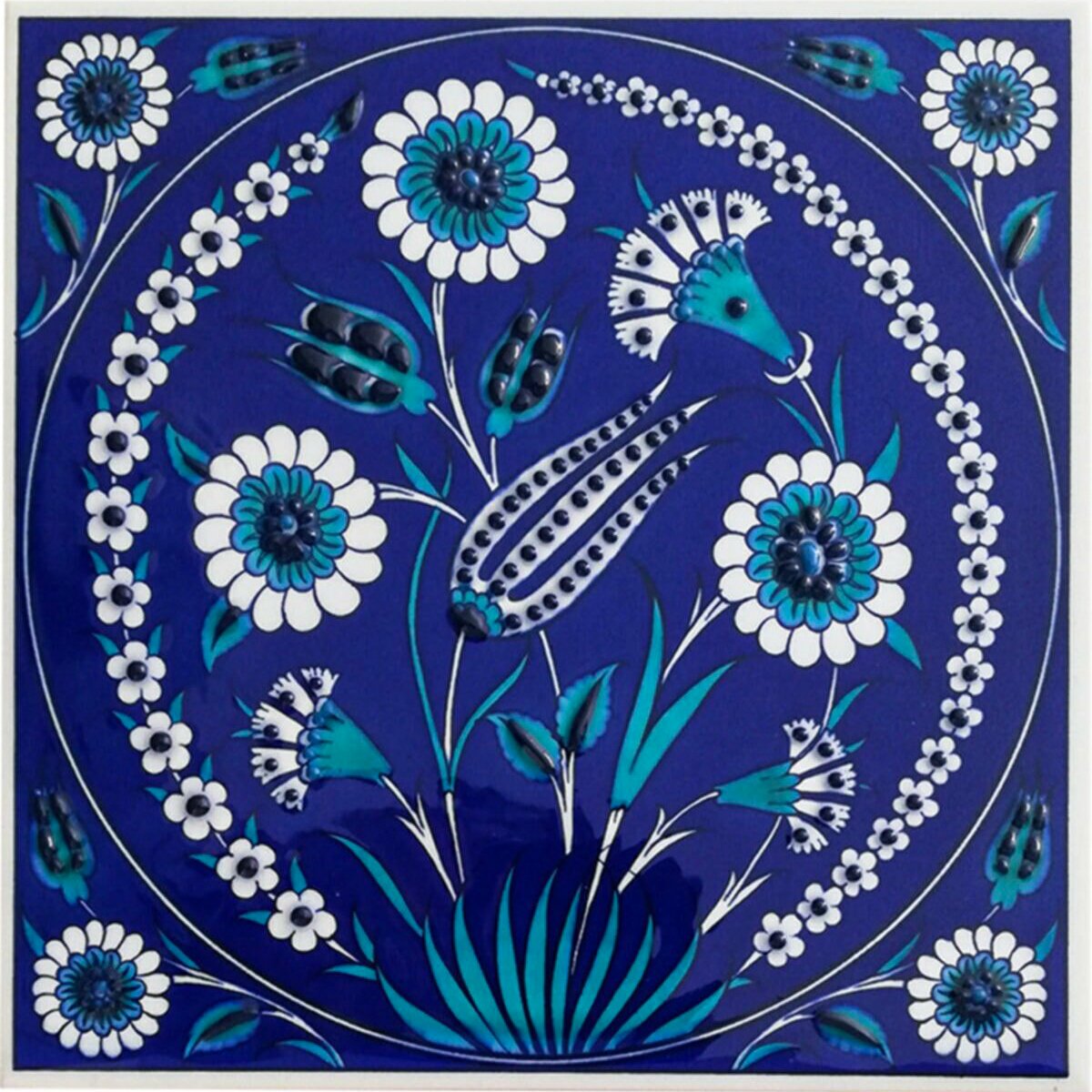 Hand Painted Turkish Ceramic Tile -  Handmade Decorative Floral Patterned Tile - 8 in [20Cm] - Zeem Ceramic