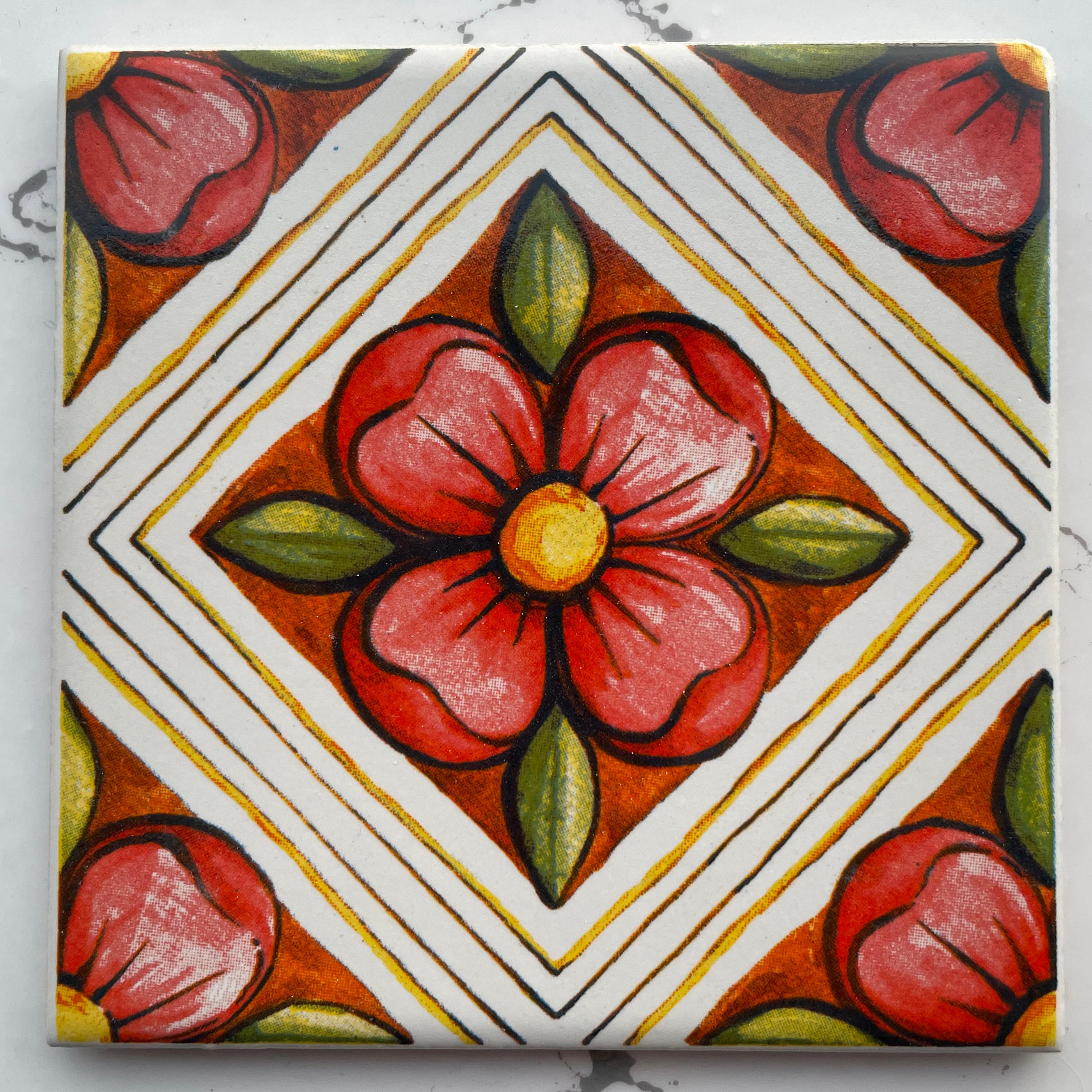 Hand-Printed Mexican Tile Designs - Handcrafted Backsplash Tile with Geometric and Floral Pattern -  3.7in[10cm]