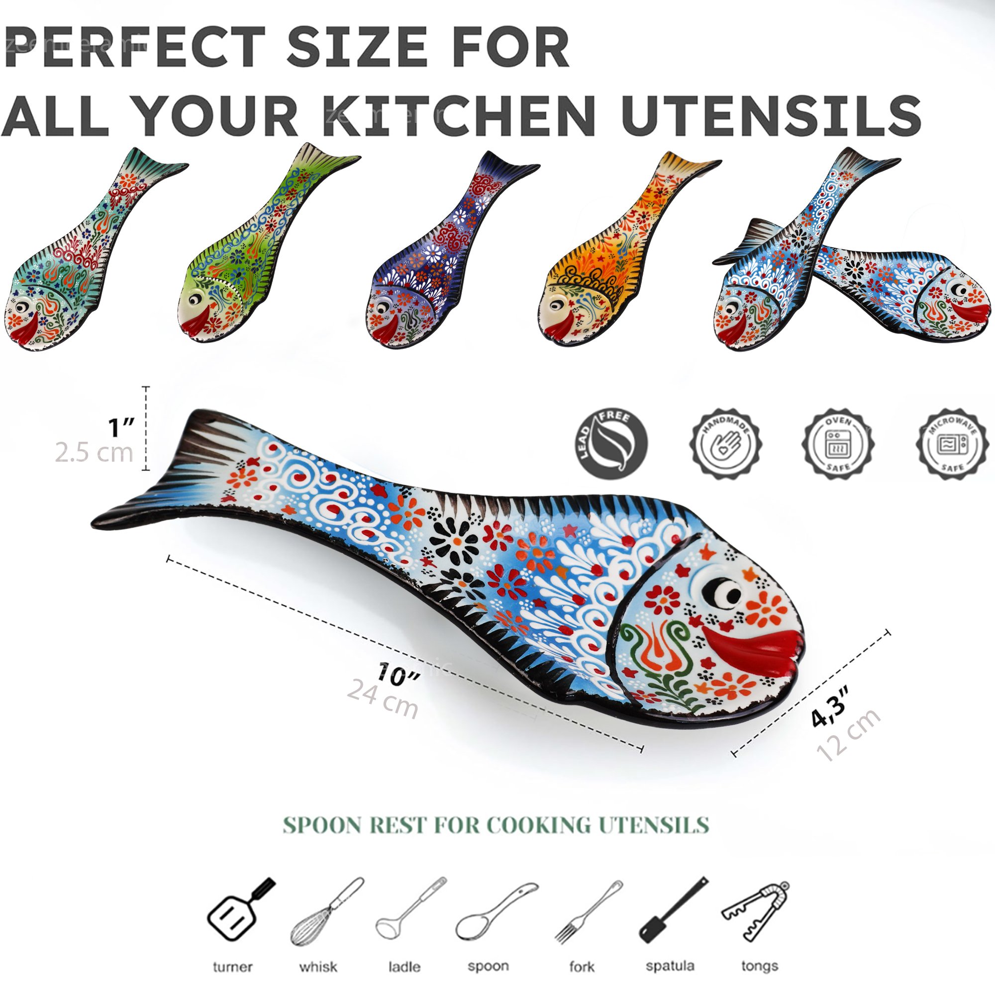 Handcrafted Fish Shaped Ceramic Spoon Rest - Raised Relief Floral Patterns (Variety of Colors) - Blue