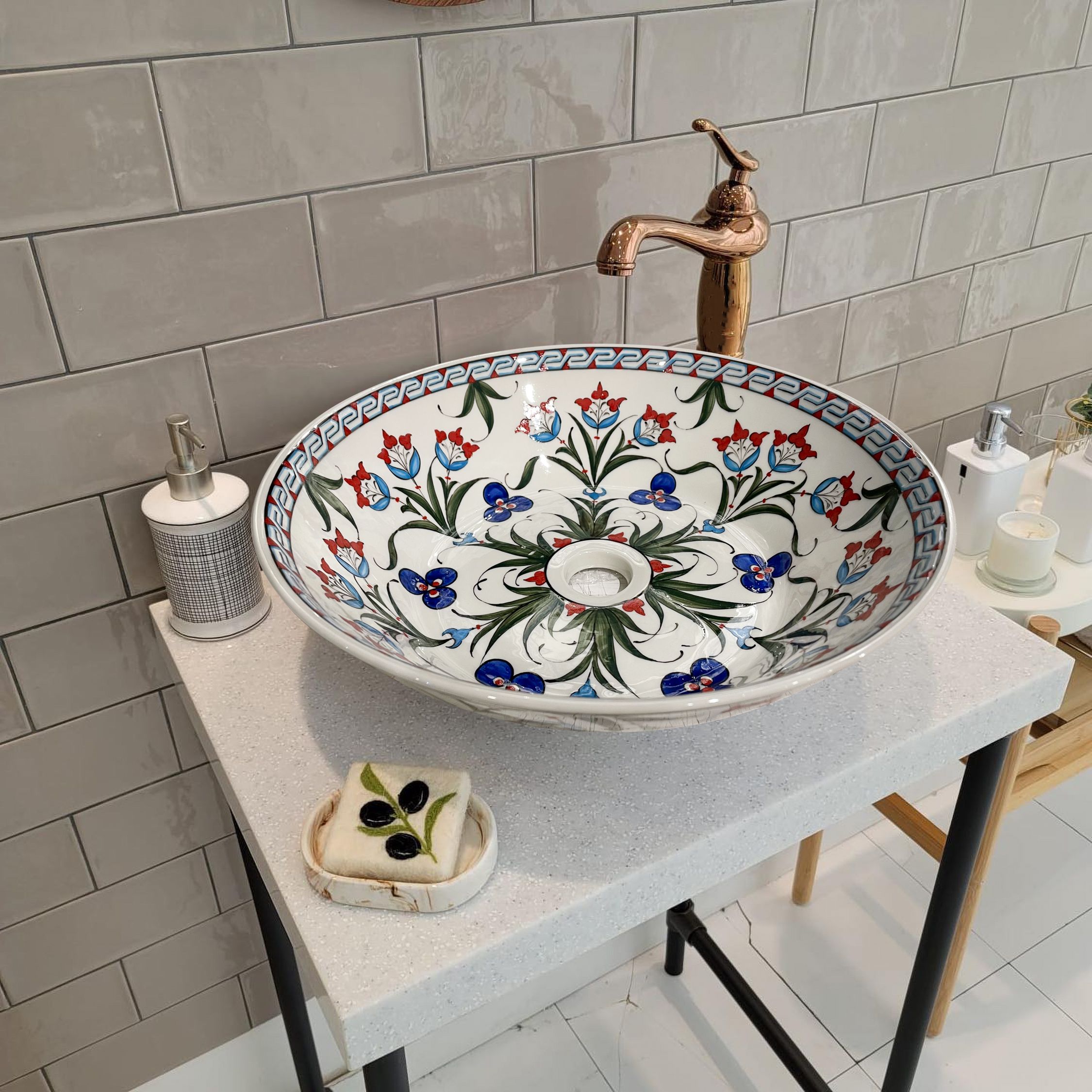 Hand Painted Bathroom Vanity Top Ceramic Vessel Sink | Drop-in Sink with Flowers Pattern - Tomris