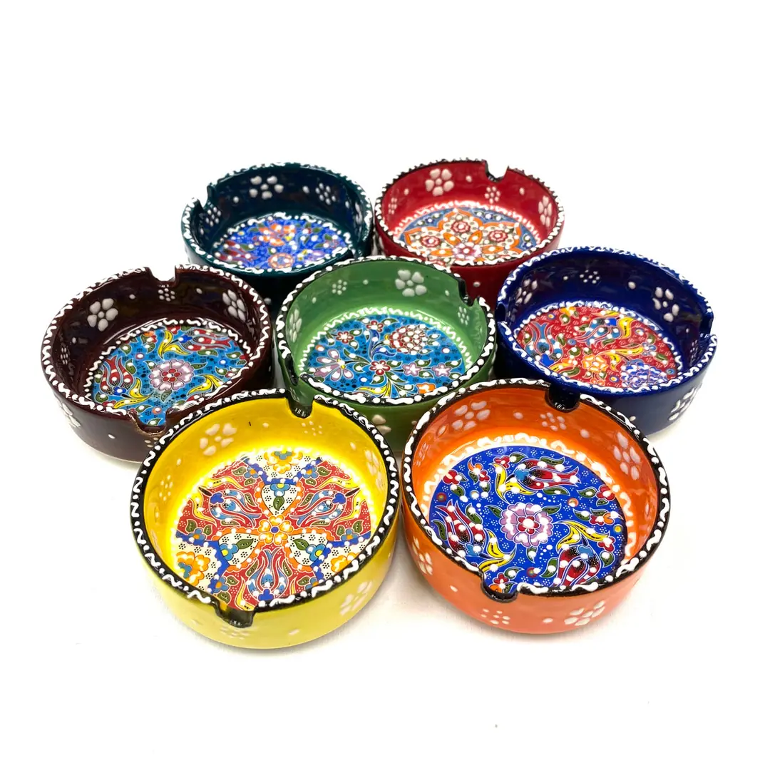 Hand-Painted Ceramic Ashtrays with Embossed Floral Designs in