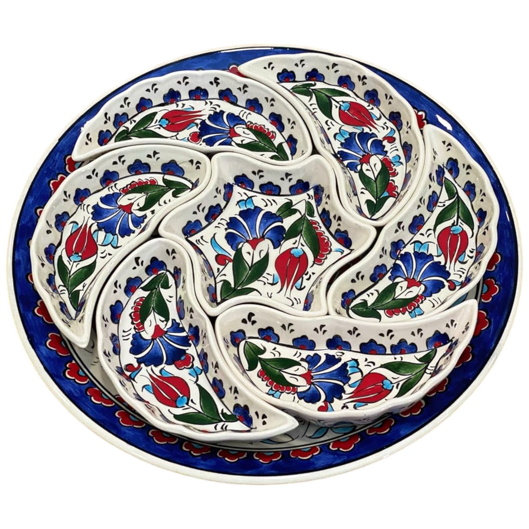 Hand-Painted Ceramic Appetizer Platter Set – Colorful Chip and Dip Serving Tray | Zeem Ceramic - Blue Carnation and Red Tulip