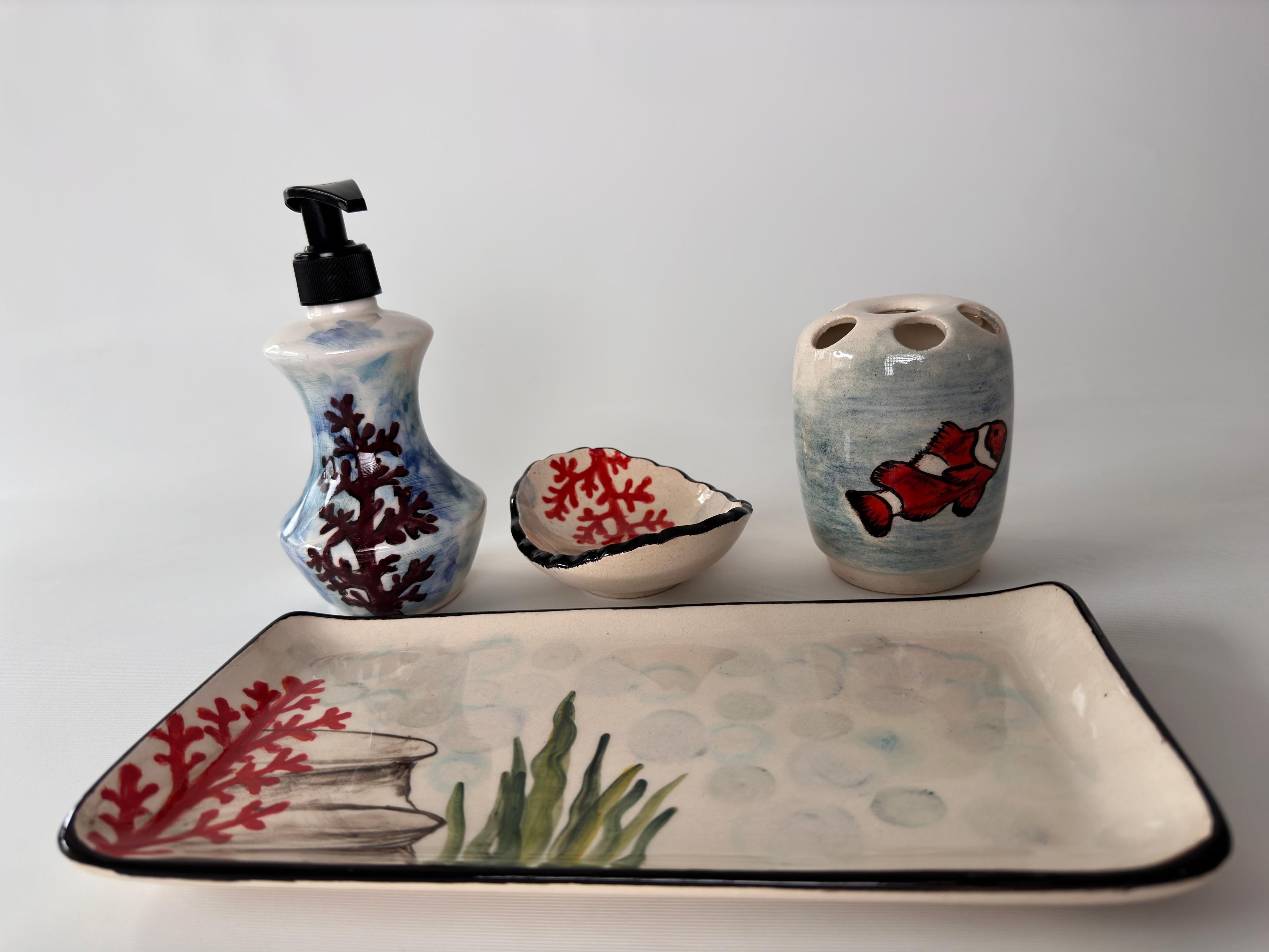 Hand Painted Ceramic Bathroom Accessory Set - Clownfish Nemo