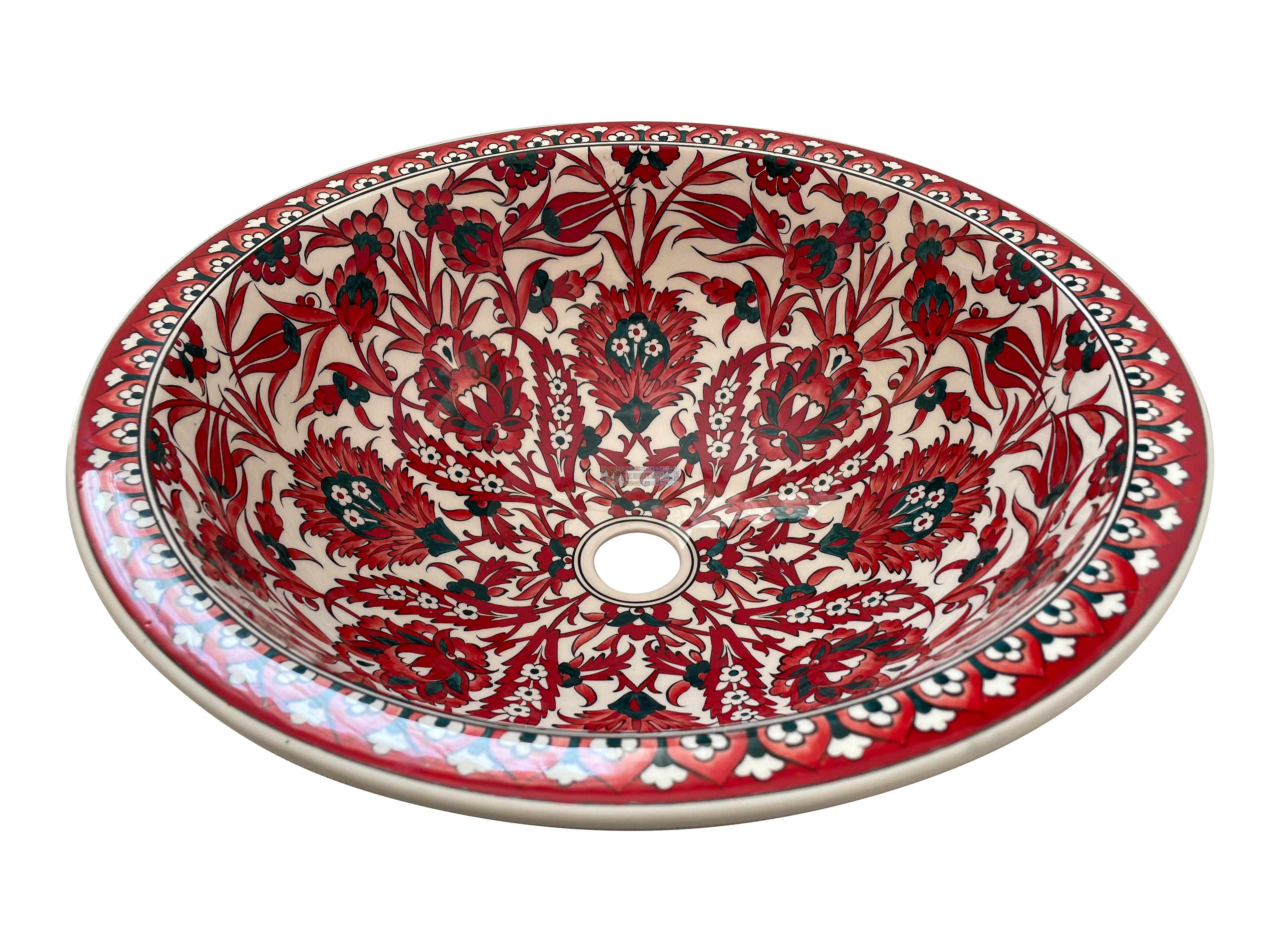 Hand Painted Bathroom Vanity Top Ceramic Vessel Sink - Red and Green Pomegranate Flower