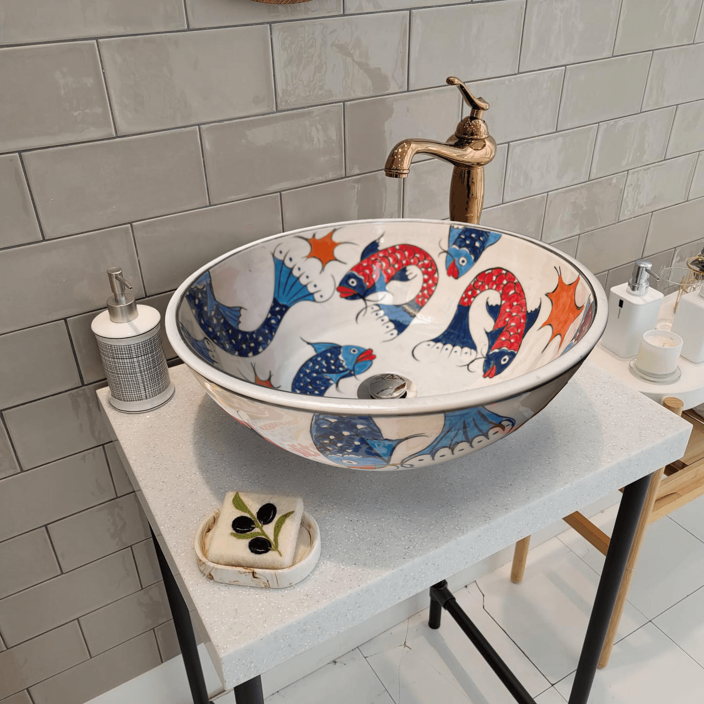 Hand Painted Bathroom Ceramic Vessel Sink Countertop - Fishes