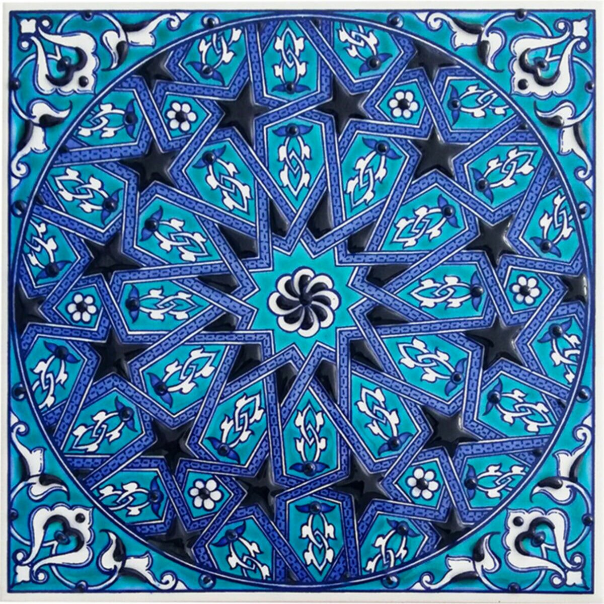 Hand Painted Turkish Ceramic Tile -  Handmade Decorative Geometric Patterned Tile - 8 in [20Cm] - Zeem Ceramic