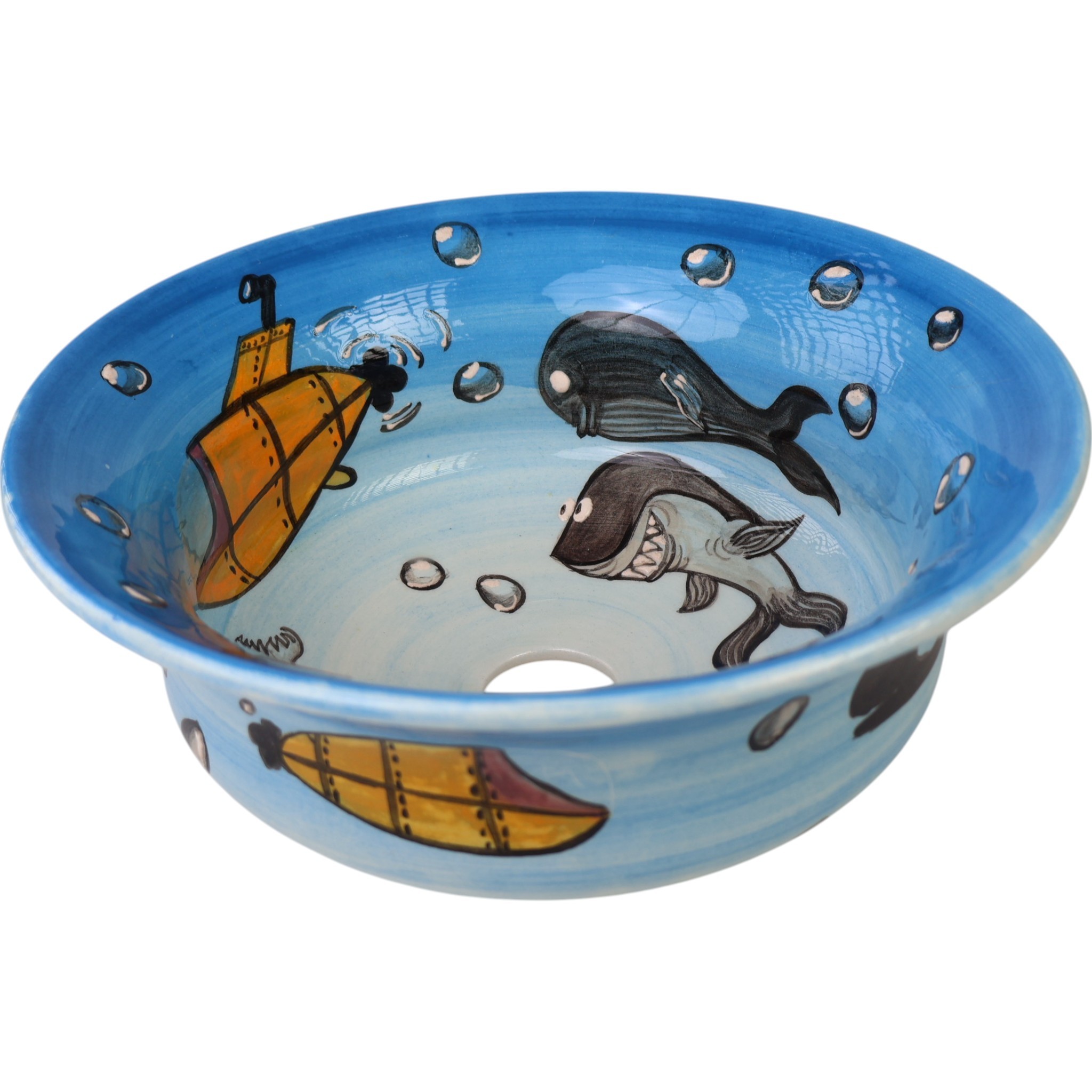 Bathroom Vessel Round Sink Basin - Shark and Octopus Pattern Washbasin