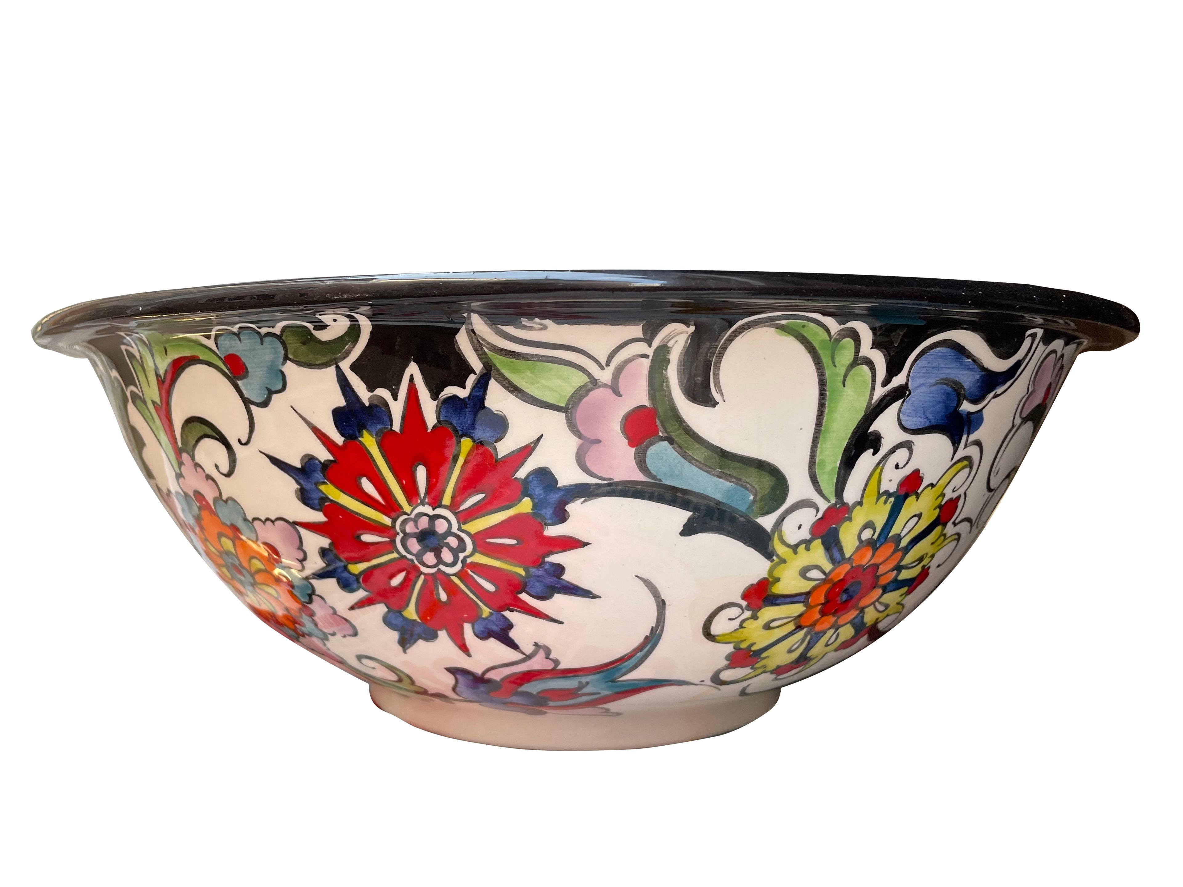 Hand Painted Bathroom Ceramic Vessel Sink Countertop - Multicolor Flowers with Black Rim