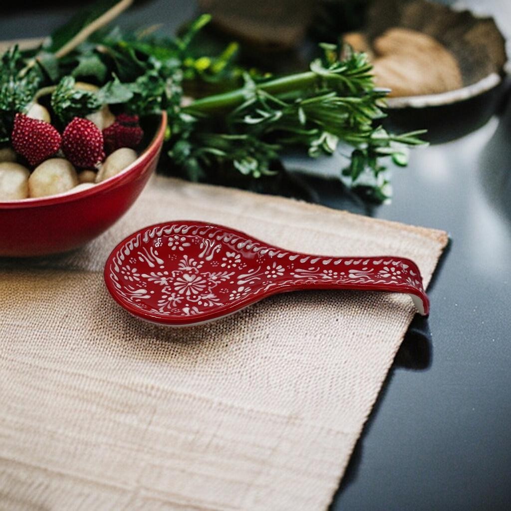 Hand Painted Ceramic Spoon Rest - Embossed Floral Patterns (Variety of Colors) - Mediterranean Red