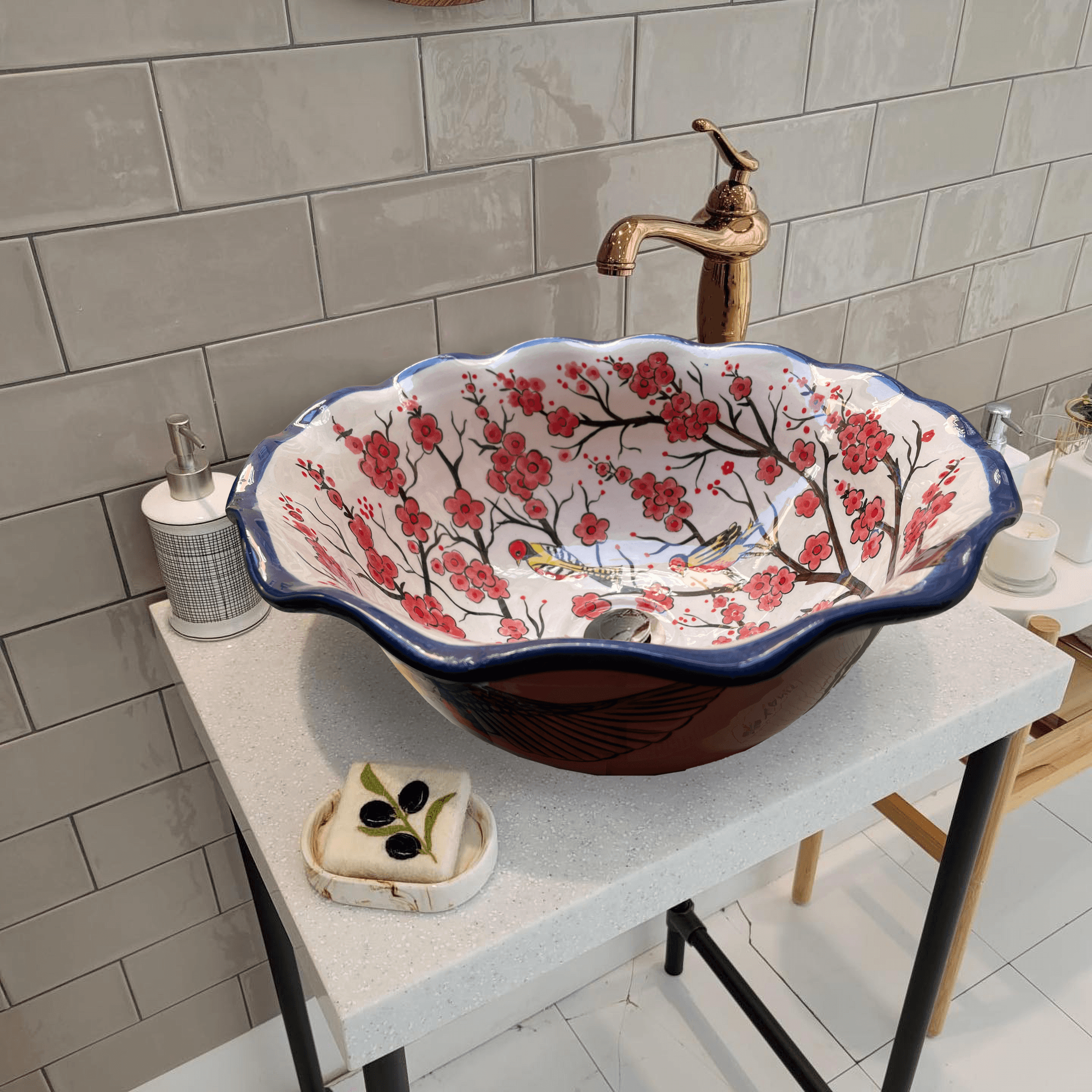 Hand Painted Bathroom Ceramic Vessel Sink Countertop - Birds and Sakura