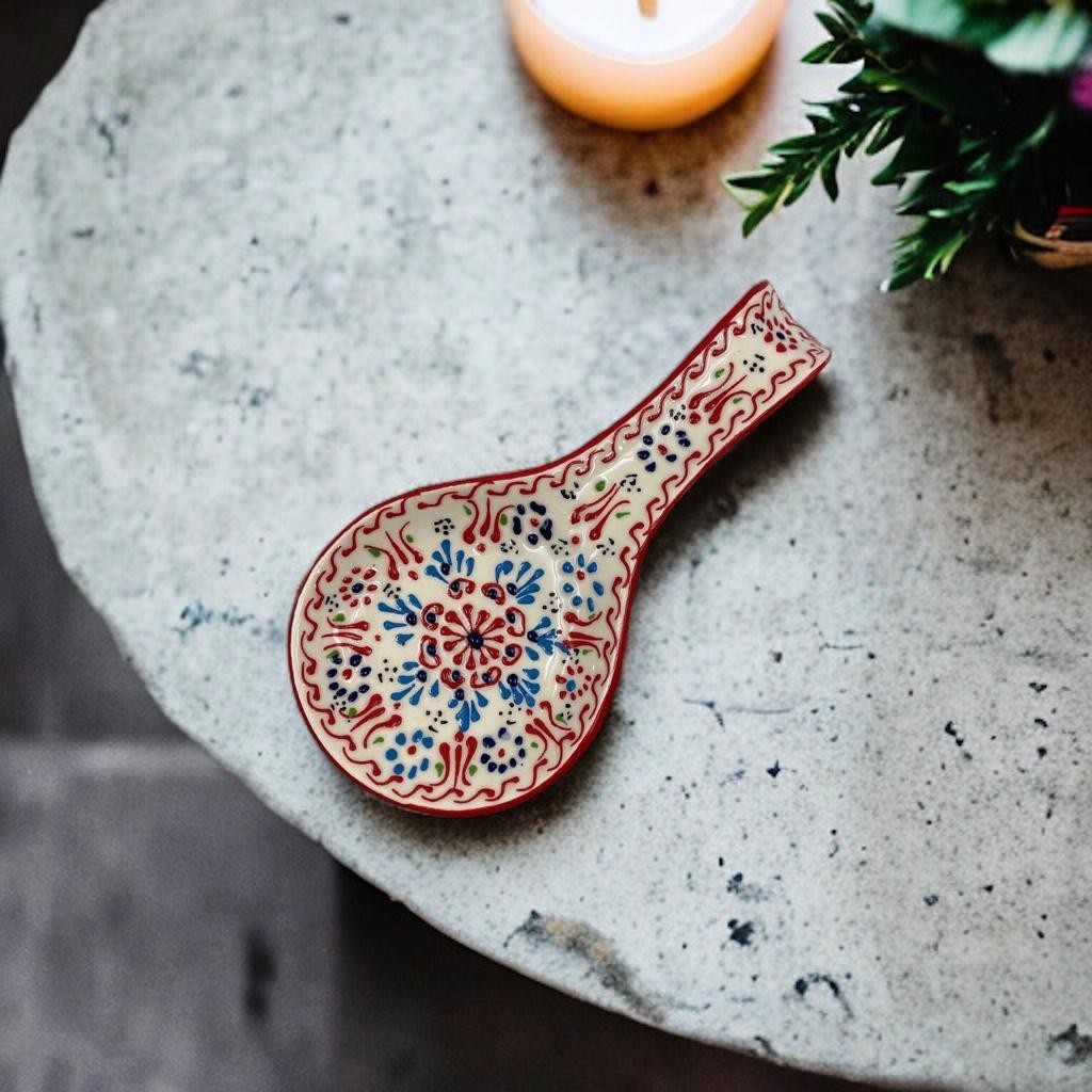 Hand Painted Ceramic Spoon Rest - Embossed Floral Patterns (Variety of Colors) - Oriental Red