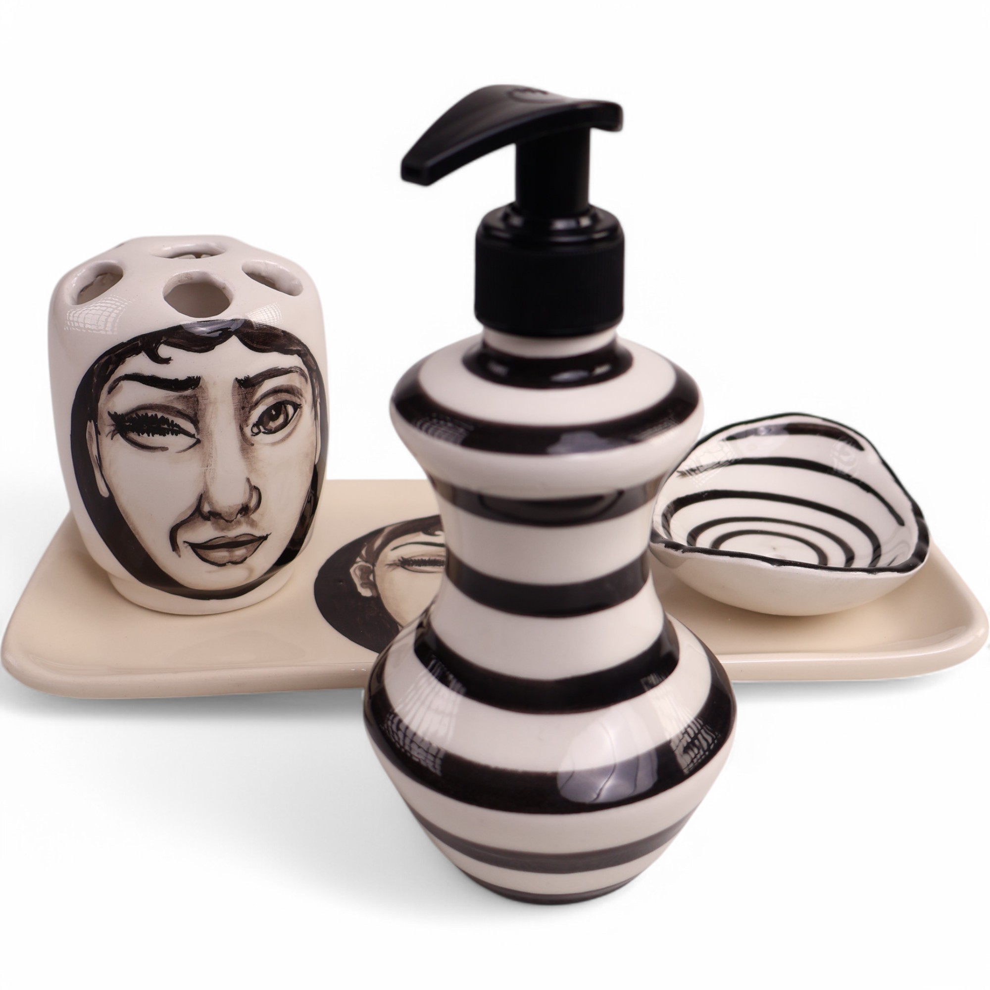 Handmade Ceramic Bathroom Set - Black & White Face Art Design | 4-Piece