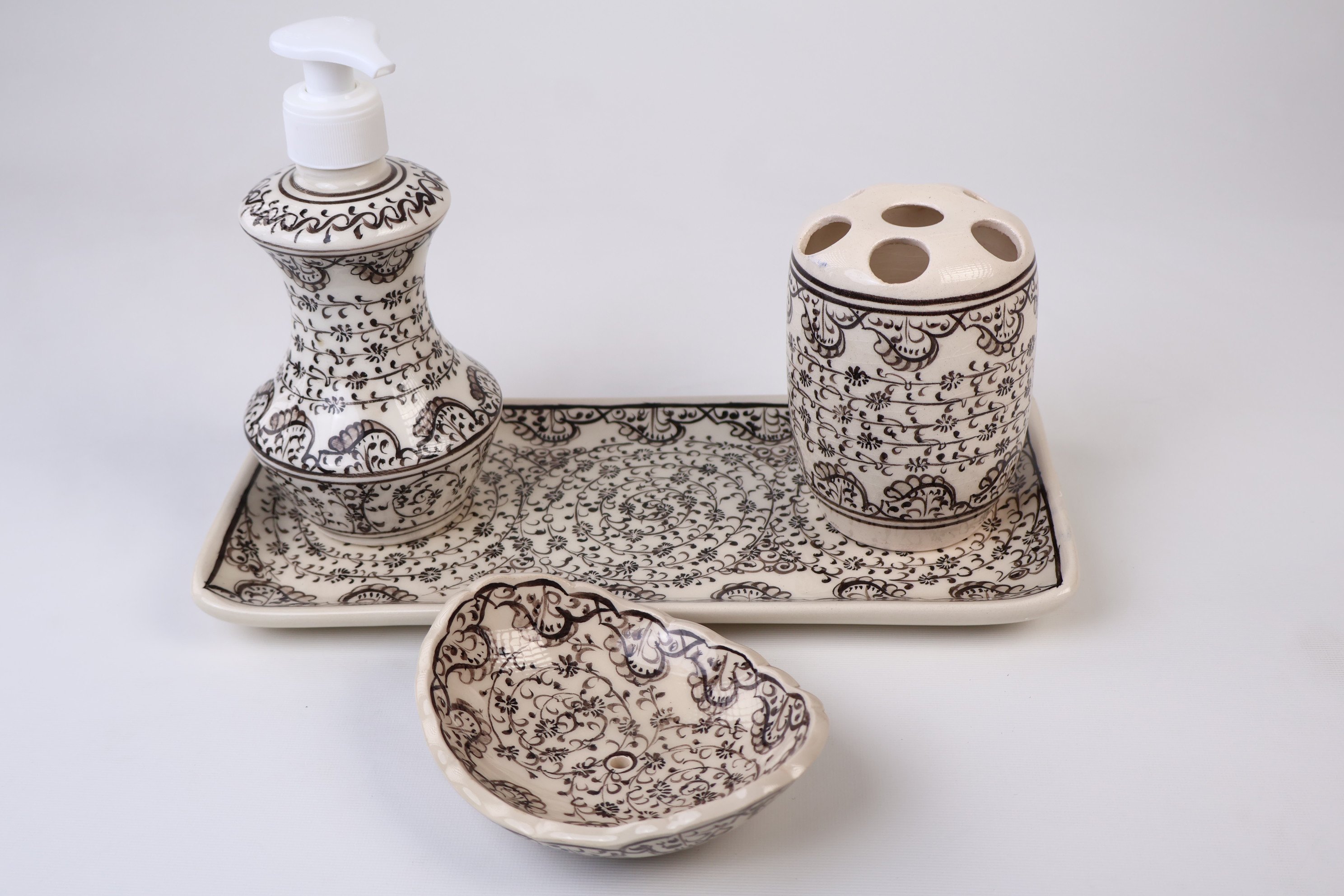 Zeem Ceramic Bathroom Accessory Set & Black Golden Horn - Handmade for Modern Homes