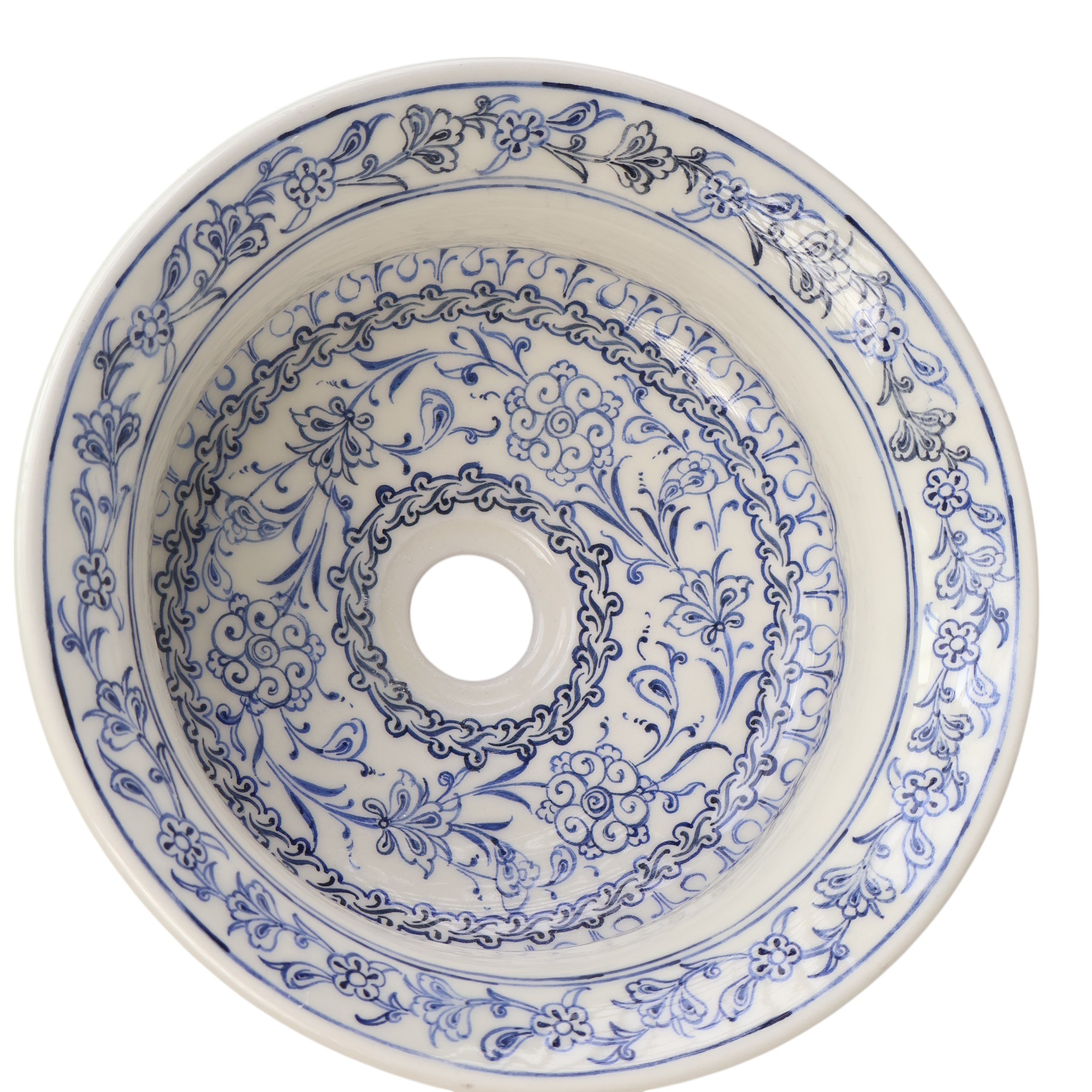 Ottoman-Inspired Floral Ceramic Sink – Handcrafted Blue & Ivory Bathroom Basin – Zeem Ceramic