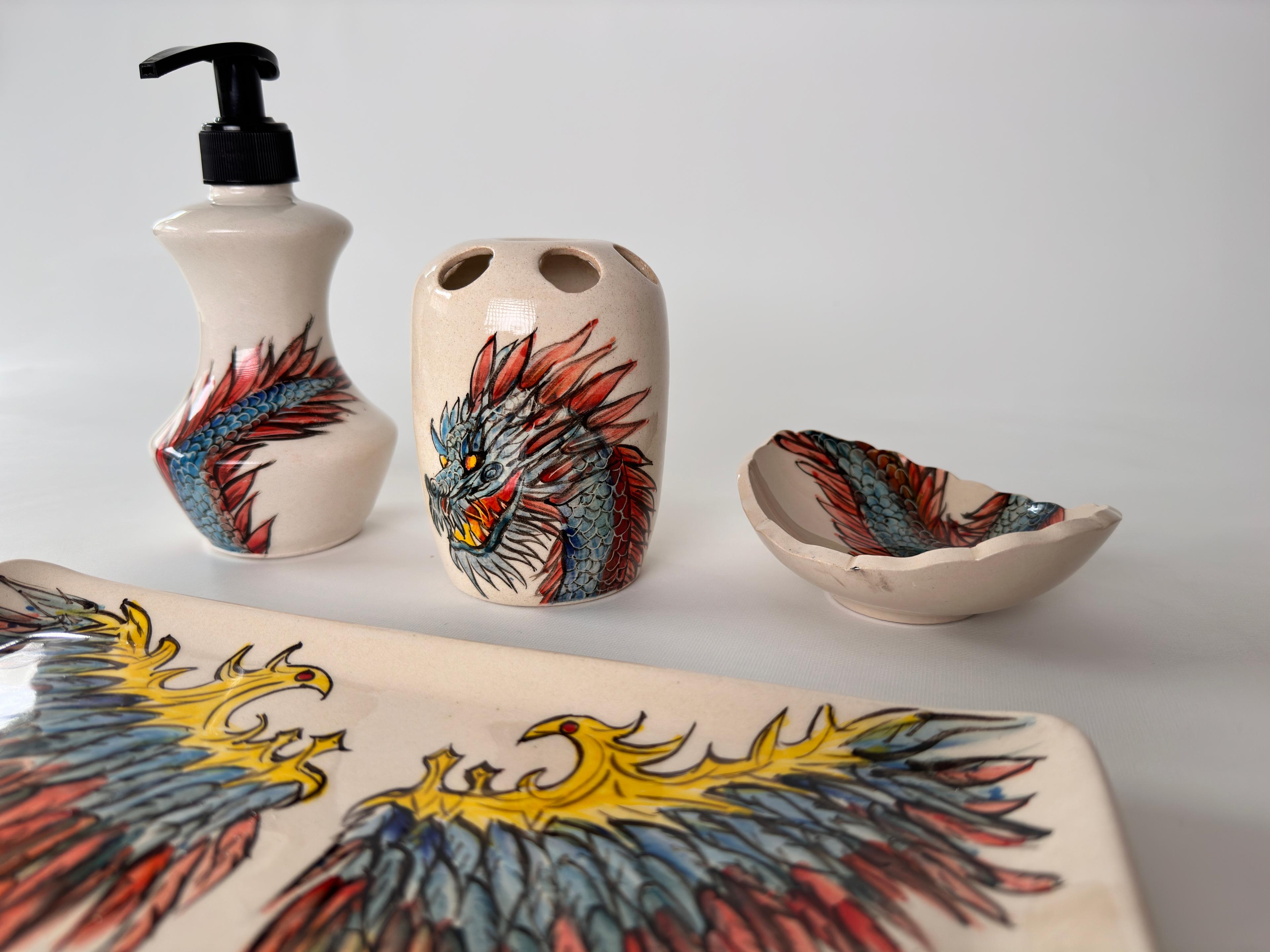 Hand Painted Ceramic Bathroom Accessory Set - Dragon and Phoenix