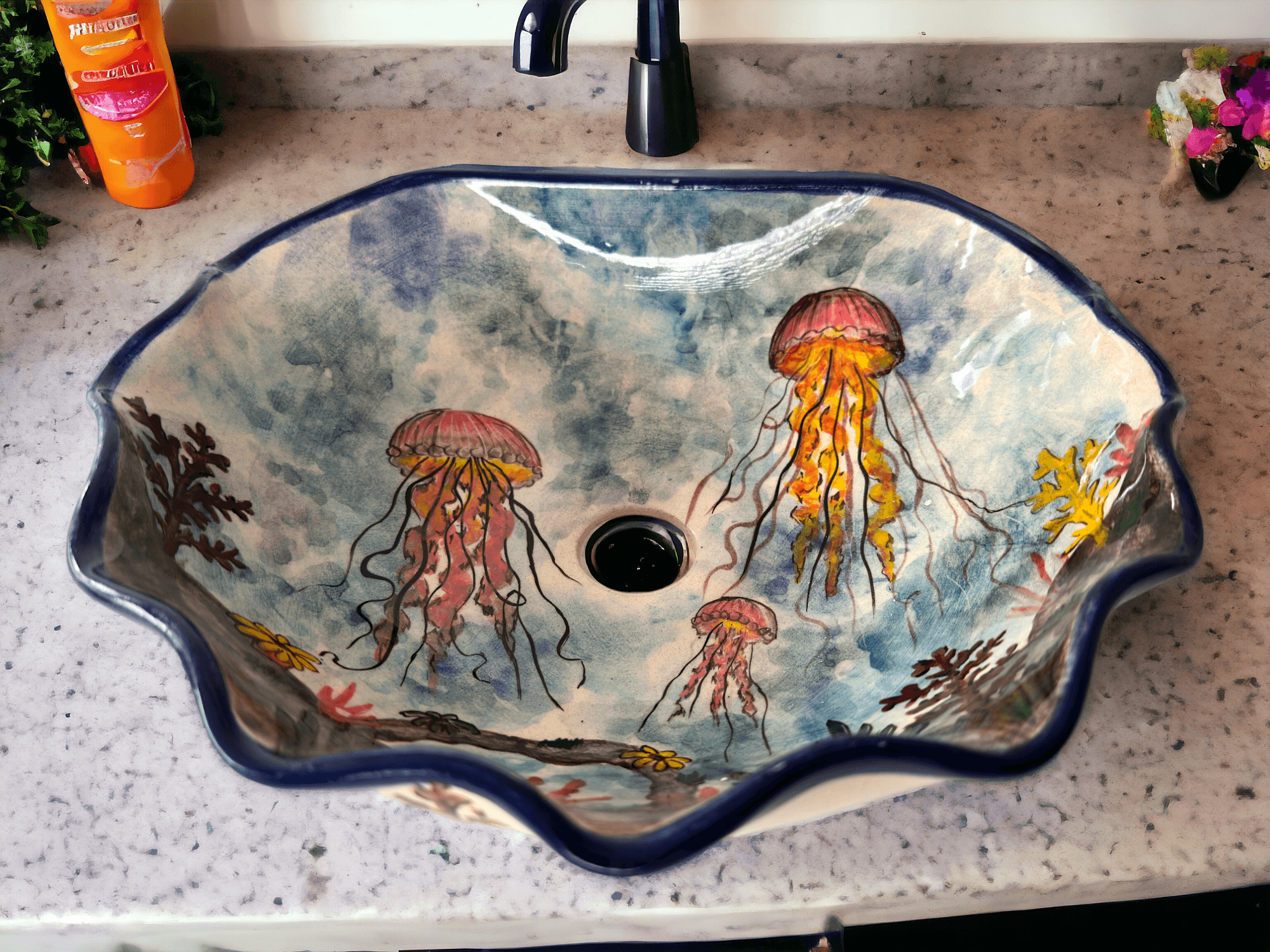 Above Counter Bathroom Seashell-Shaped Sink - Ocean and Jellyfish