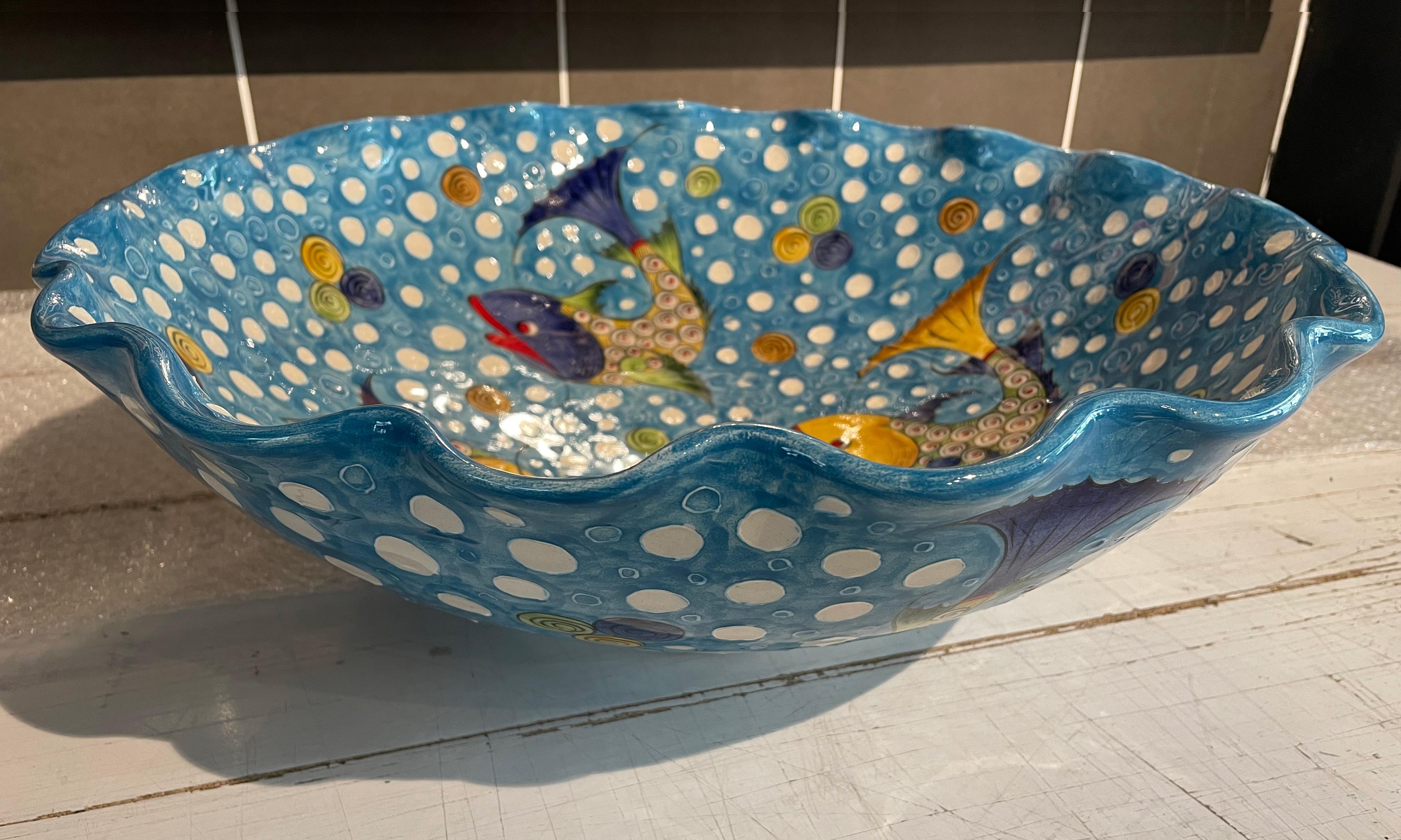 Hand Painted Bathroom Vanity Top Ceramic Vessel Sink - Fishes and White Dots