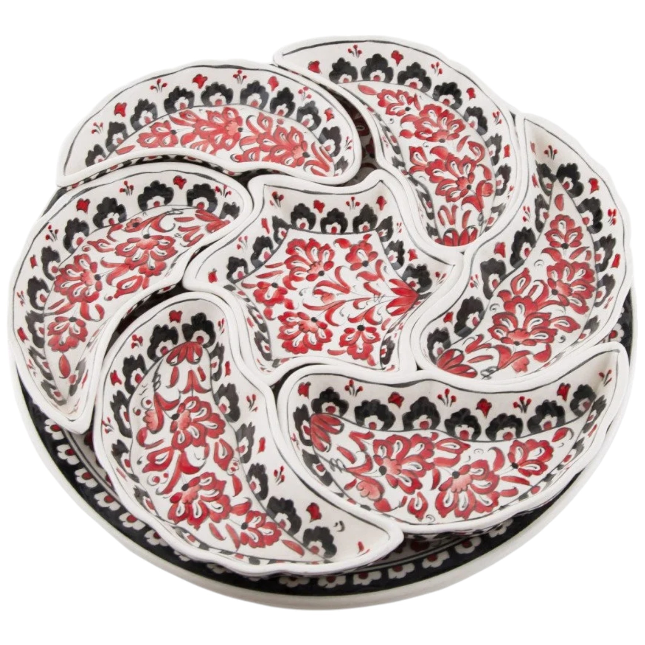 Handmade Multipurpose Ceramic Serving Platter and Dish Set - Chips, Snacks, Dips, Mezes, Breakfast & More | Zeem Ceramic - Black and Red Hyacinth