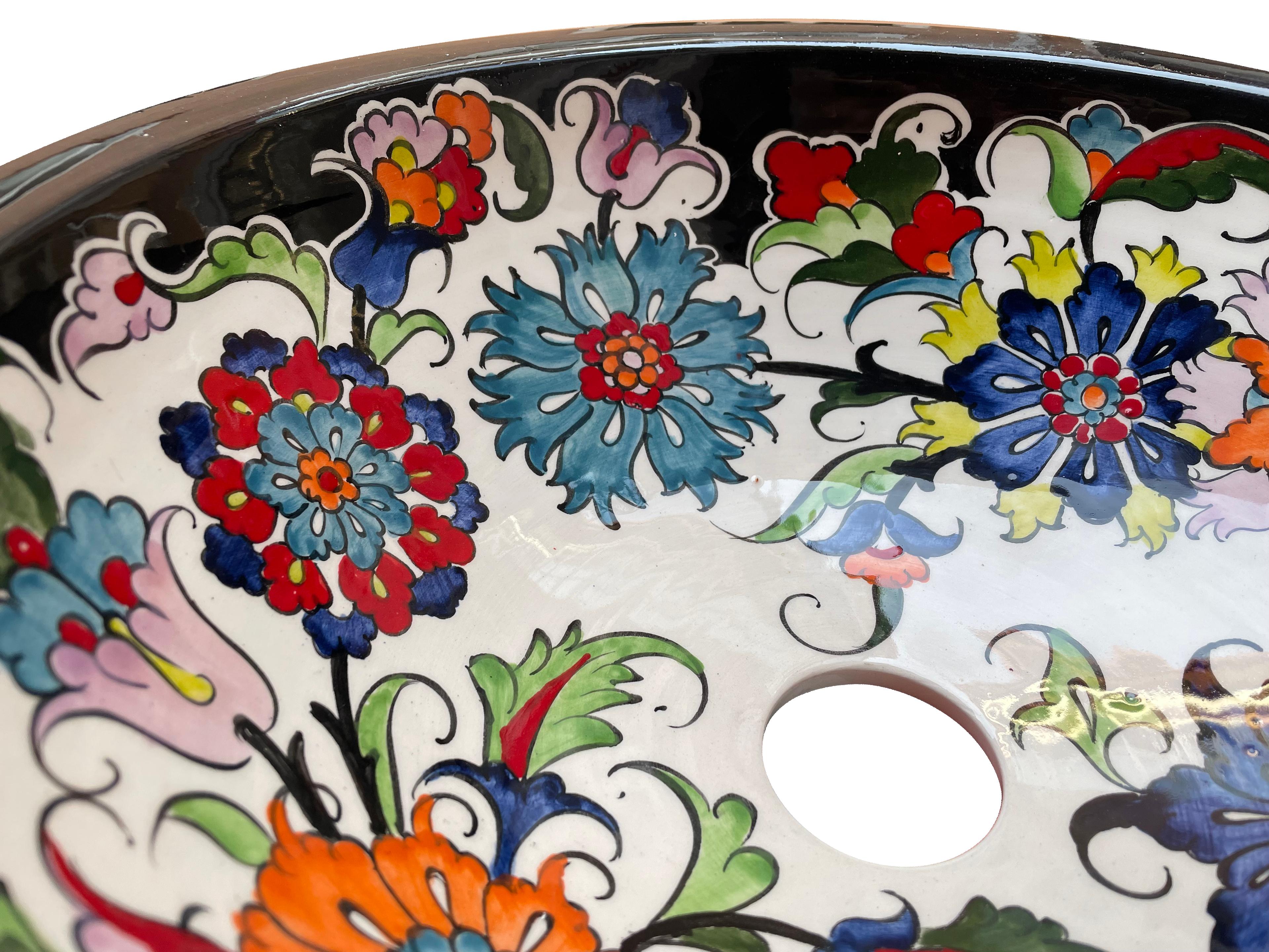 Hand Painted Bathroom Ceramic Vessel Sink Countertop - Multicolor Flowers with Black Rim