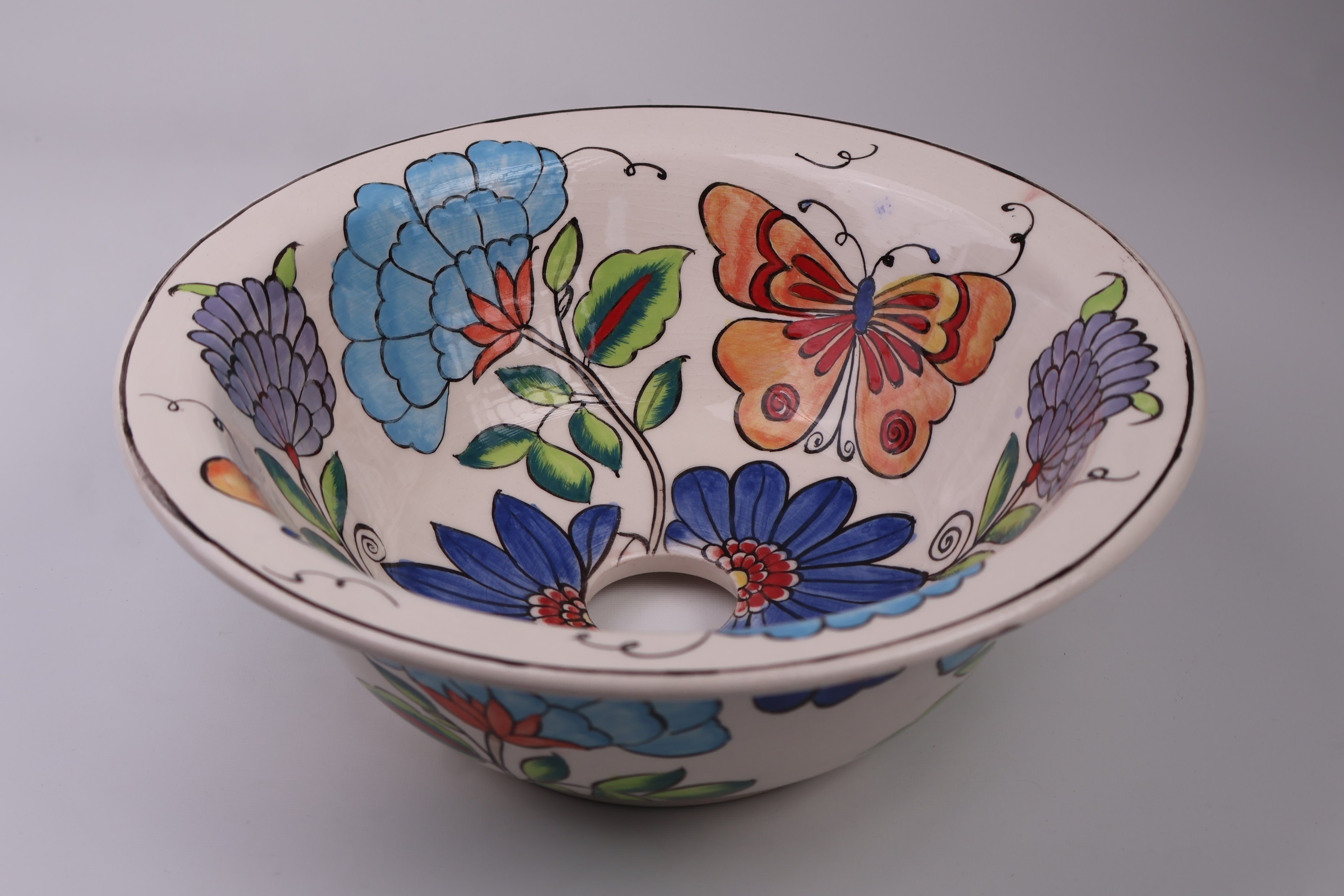 Colorful Floral & Butterfly Design Ceramic Sink - Handmade Masterpiece