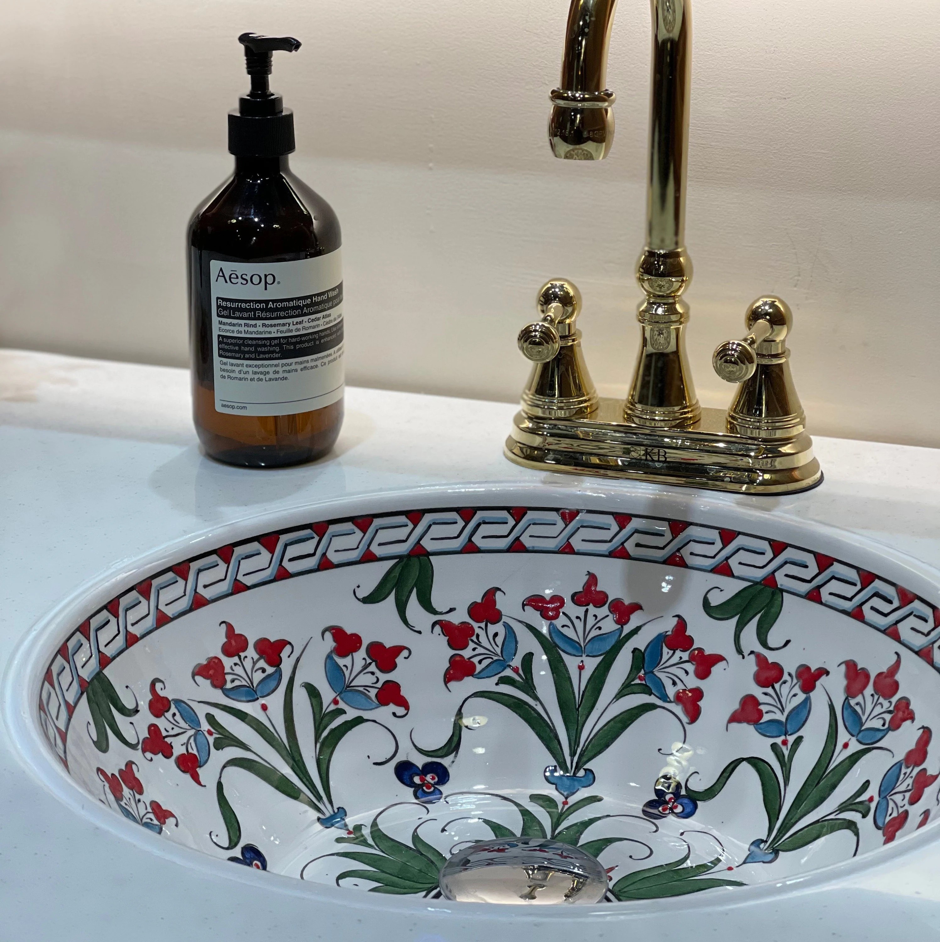 Hand Painted Bathroom Vanity Top Ceramic Vessel Sink | Drop-in Sink with Flowers Pattern - Tomris