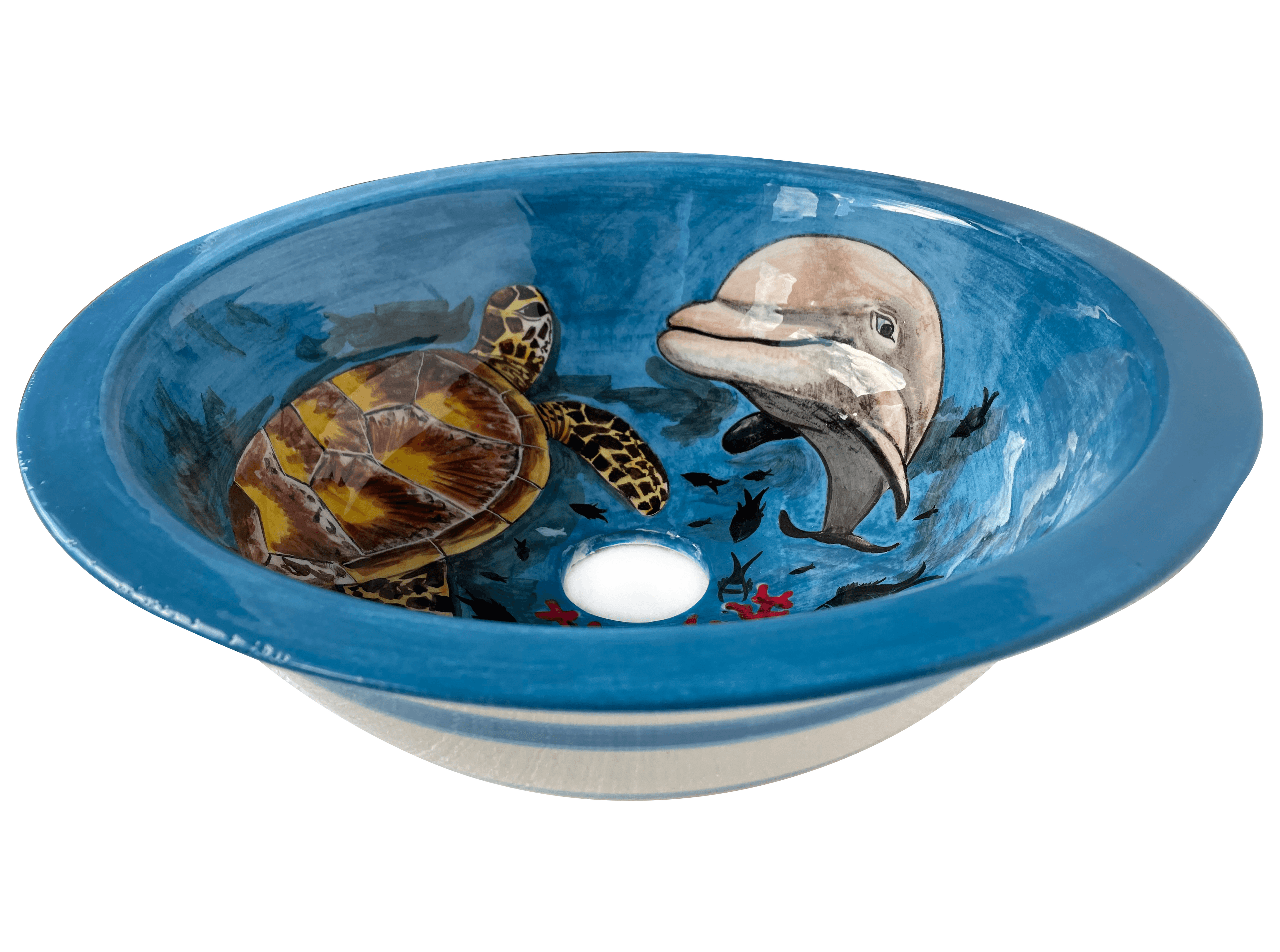 Hand Painted Bathroom Vanity Top Ceramic Vessel Sink - Dolphin and Sea Turtle