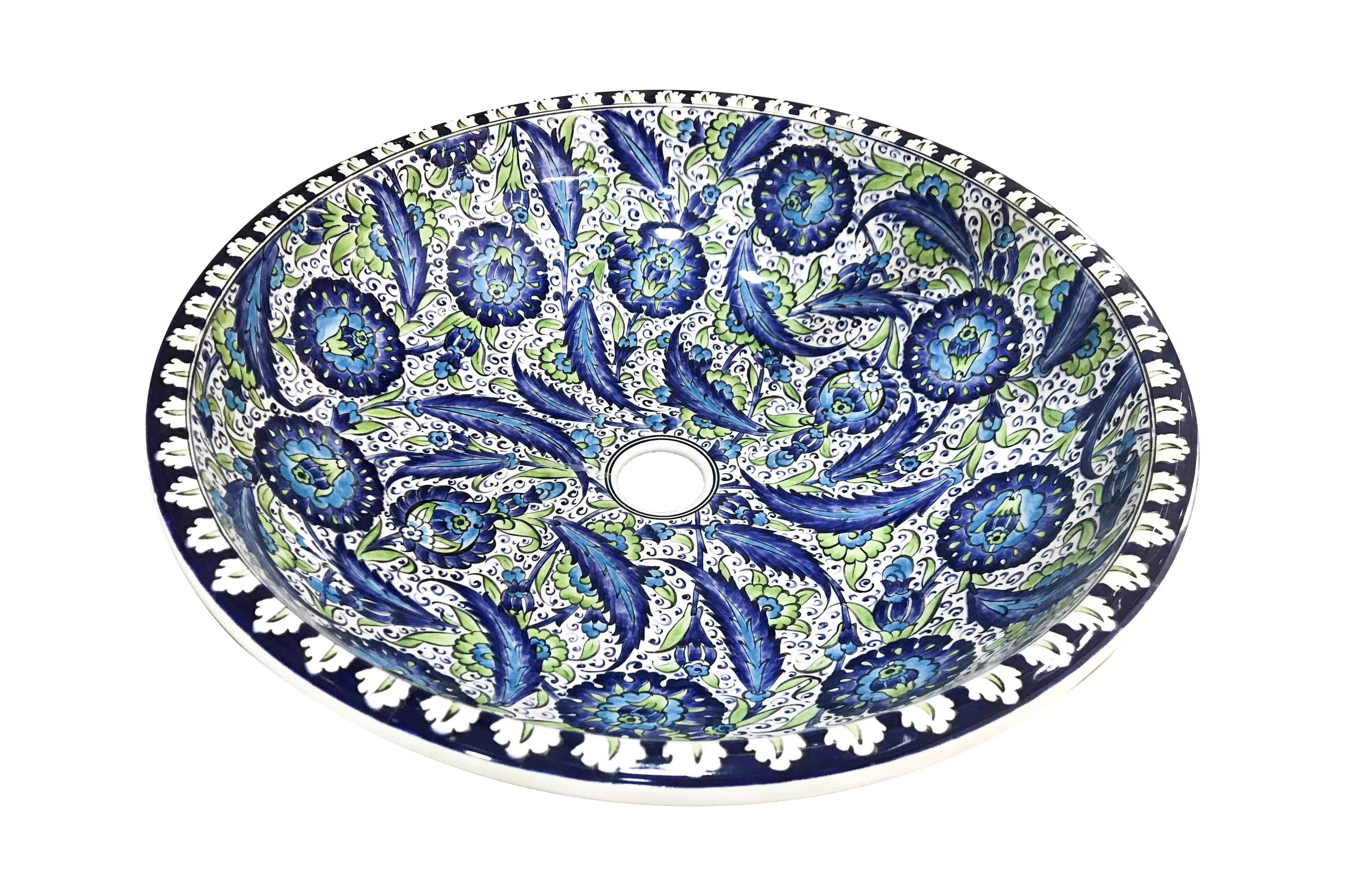 Hand Painted Bathroom Vanity Top Ceramic Vessel Sink - Blue Floral Pattern