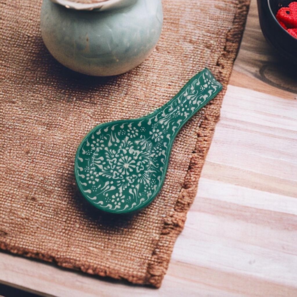 Hand Painted Ceramic Spoon Rest - Embossed Floral Patterns (Variety of Colors) - Mediterranean Green