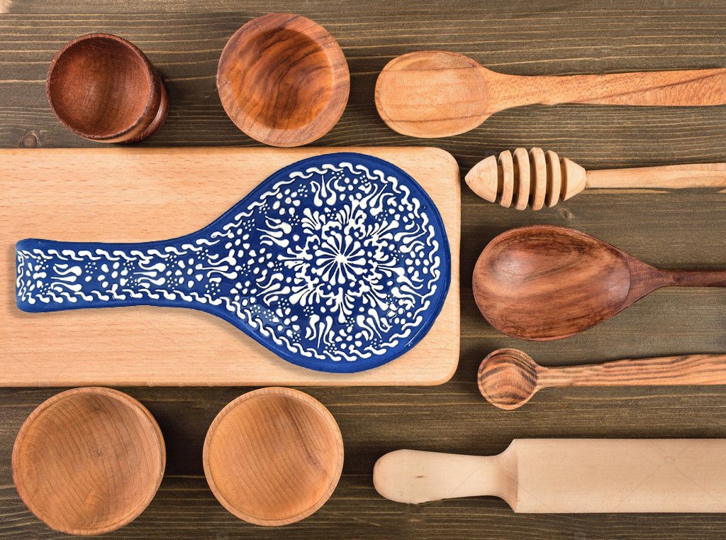 Hand Painted Ceramic Spoon Rest - Embossed Floral Patterns (Variety of Colors) - Mediterranean Navy Blue