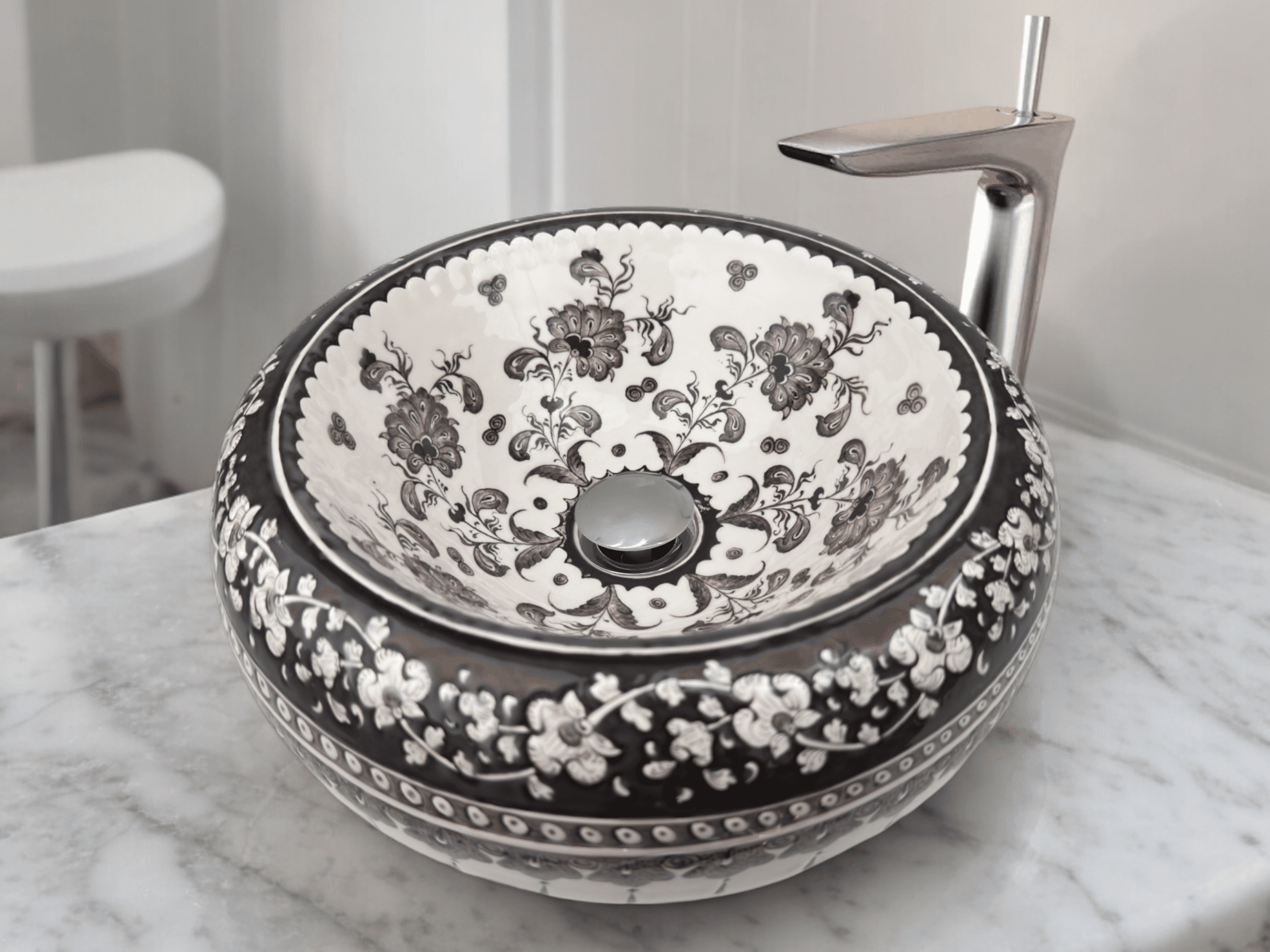 Hand Painted Above Counter Bathroom Mexican Sink - Black and White Lotus