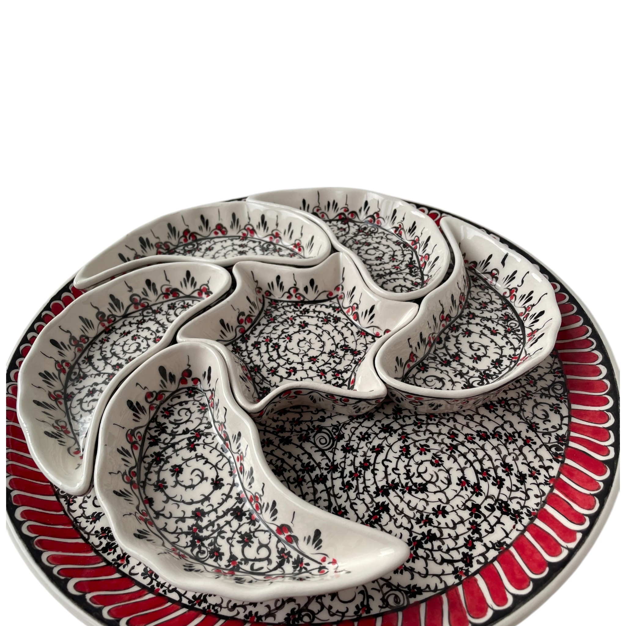 Handmade Multipurpose Ceramic Serving Platter and Dish Set - Chips, Snacks, Dips, Mezes, Breakfast & More | Zeem Ceramic - Black Golden Horn - Red Milet Work