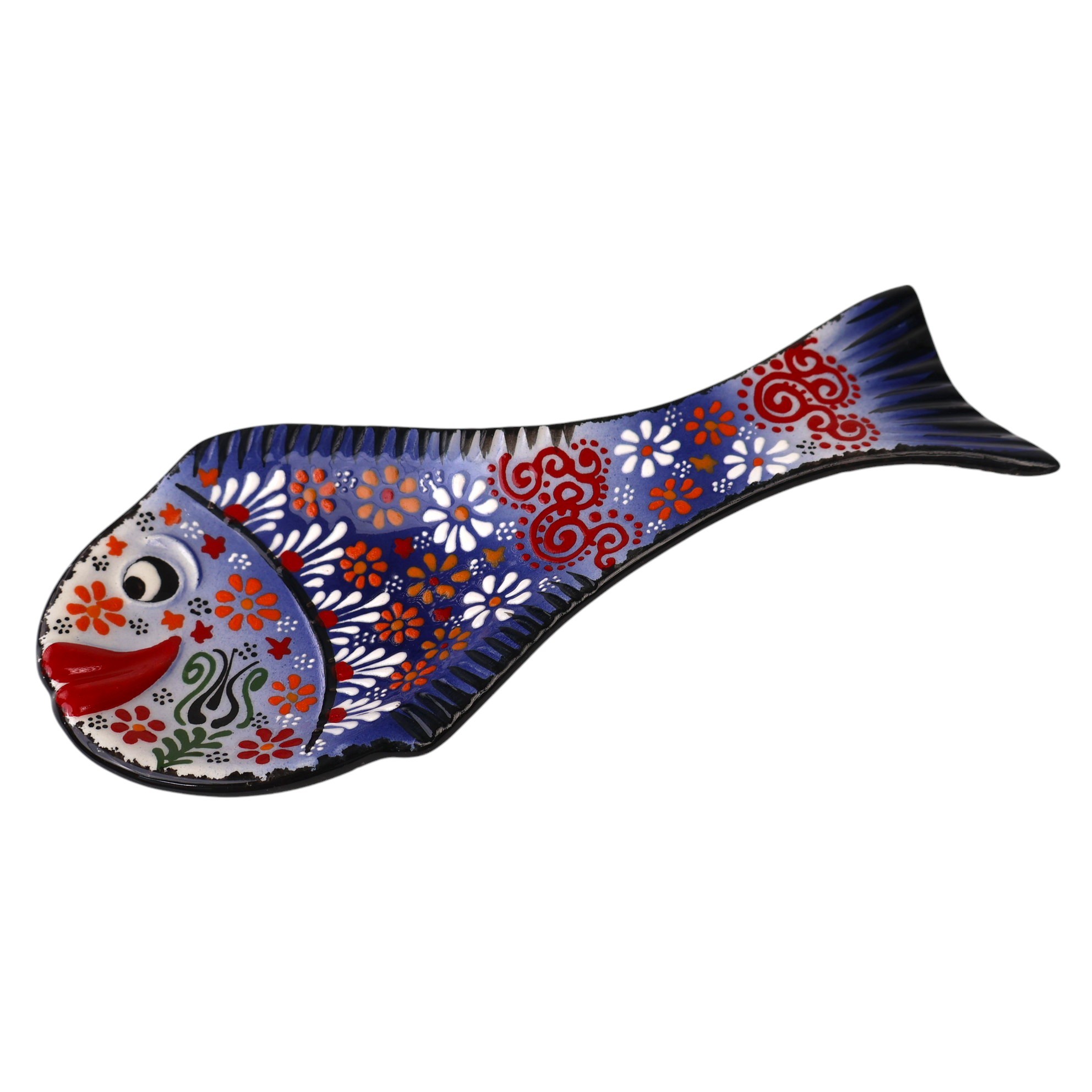 Handcrafted Fish Shaped Ceramic Spoon Rest - Raised Relief Floral Patterns (Variety of Colors) - Navy Blue