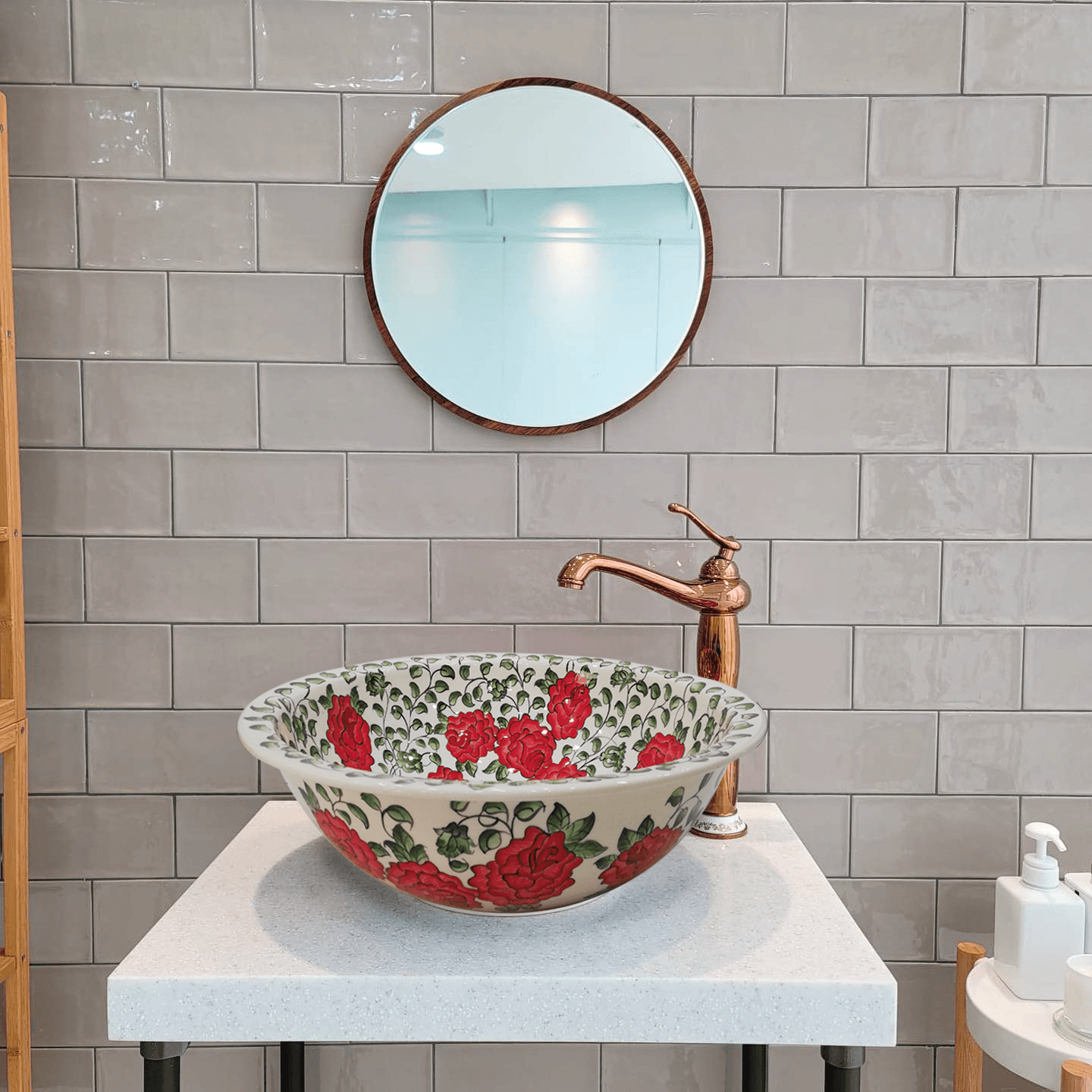 Hand Painted Bathroom Ceramic Vessel Sink Countertop - Roses