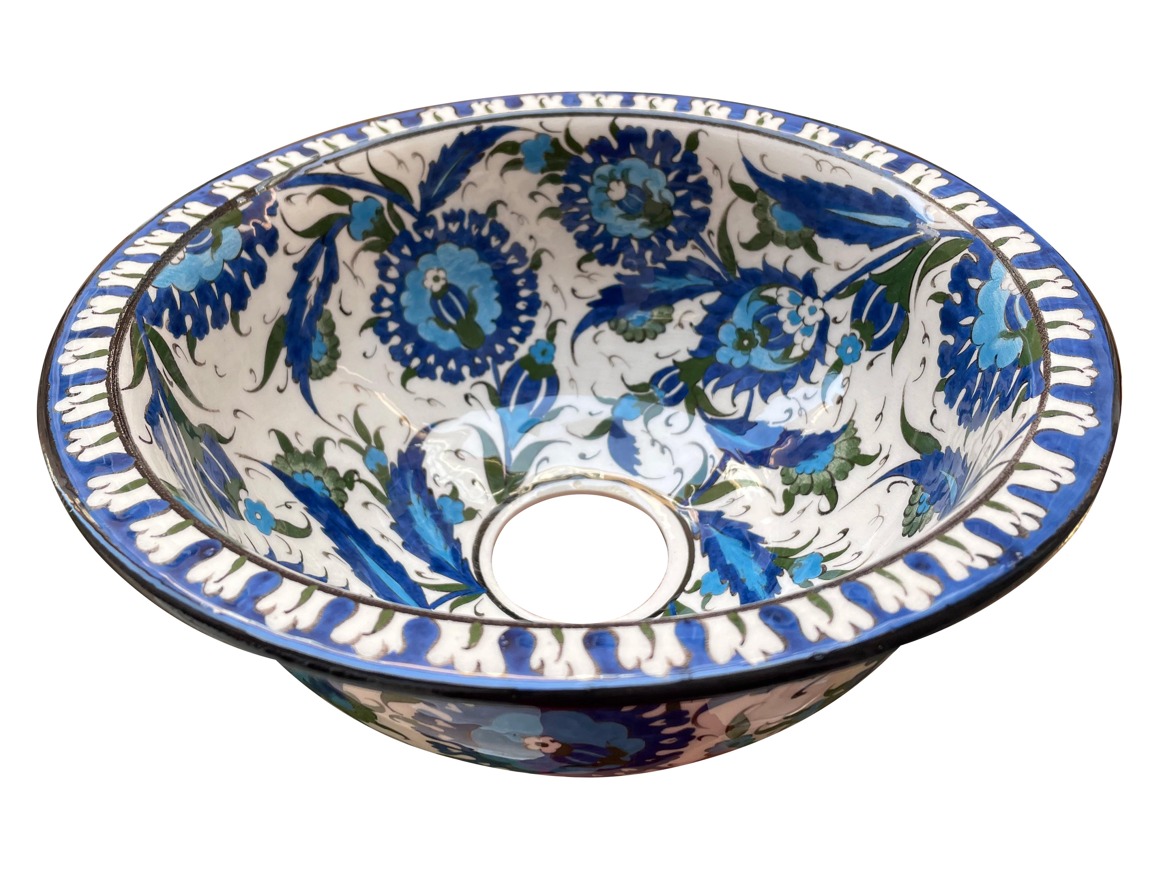 Hand Painted Bathroom Ceramic Vessel Sink Countertop - Blue Hatai