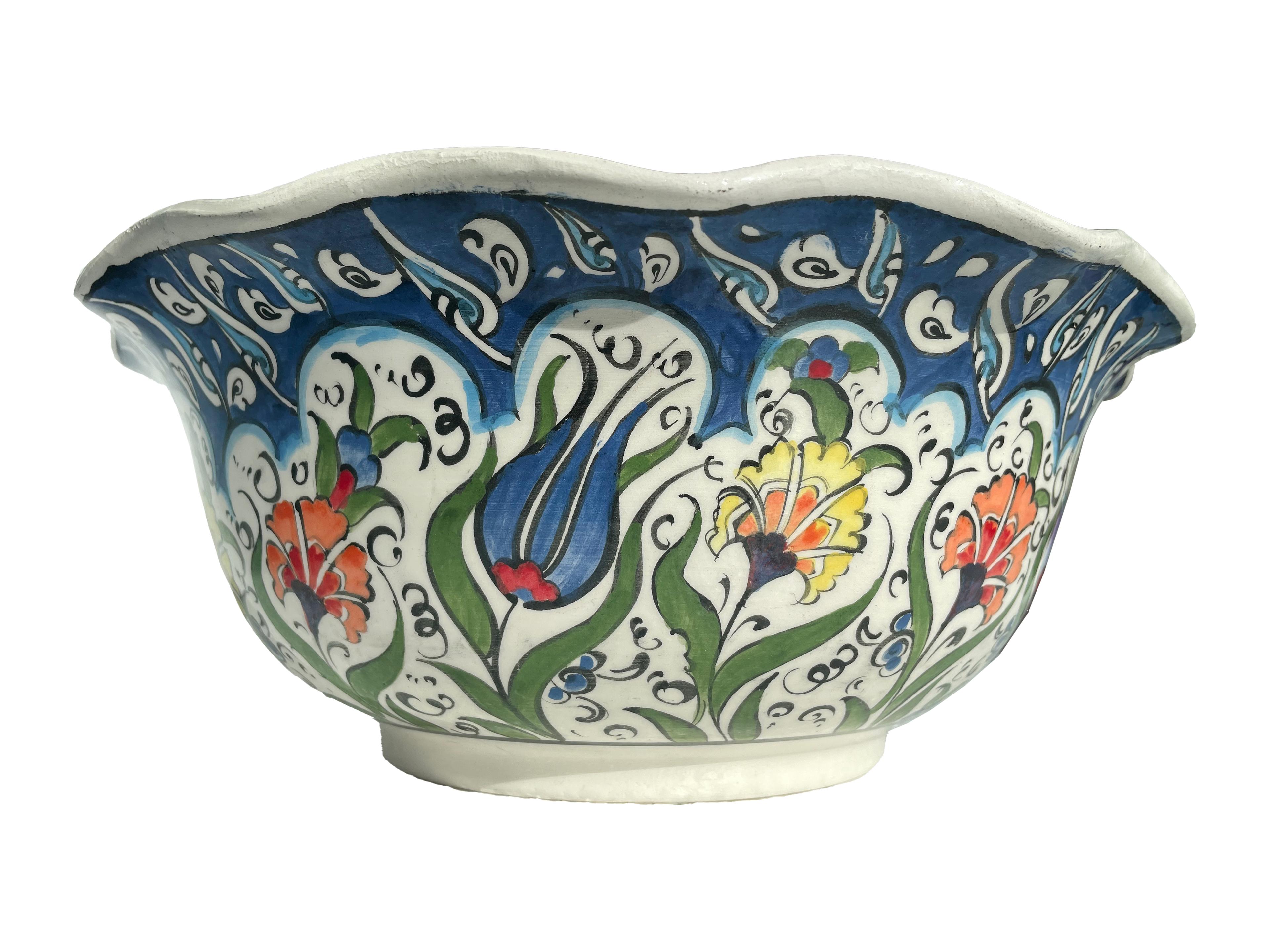 Turkish Hand Painted Bathroom Vessel Sink with Ruffled Edge | Colorful Flowers