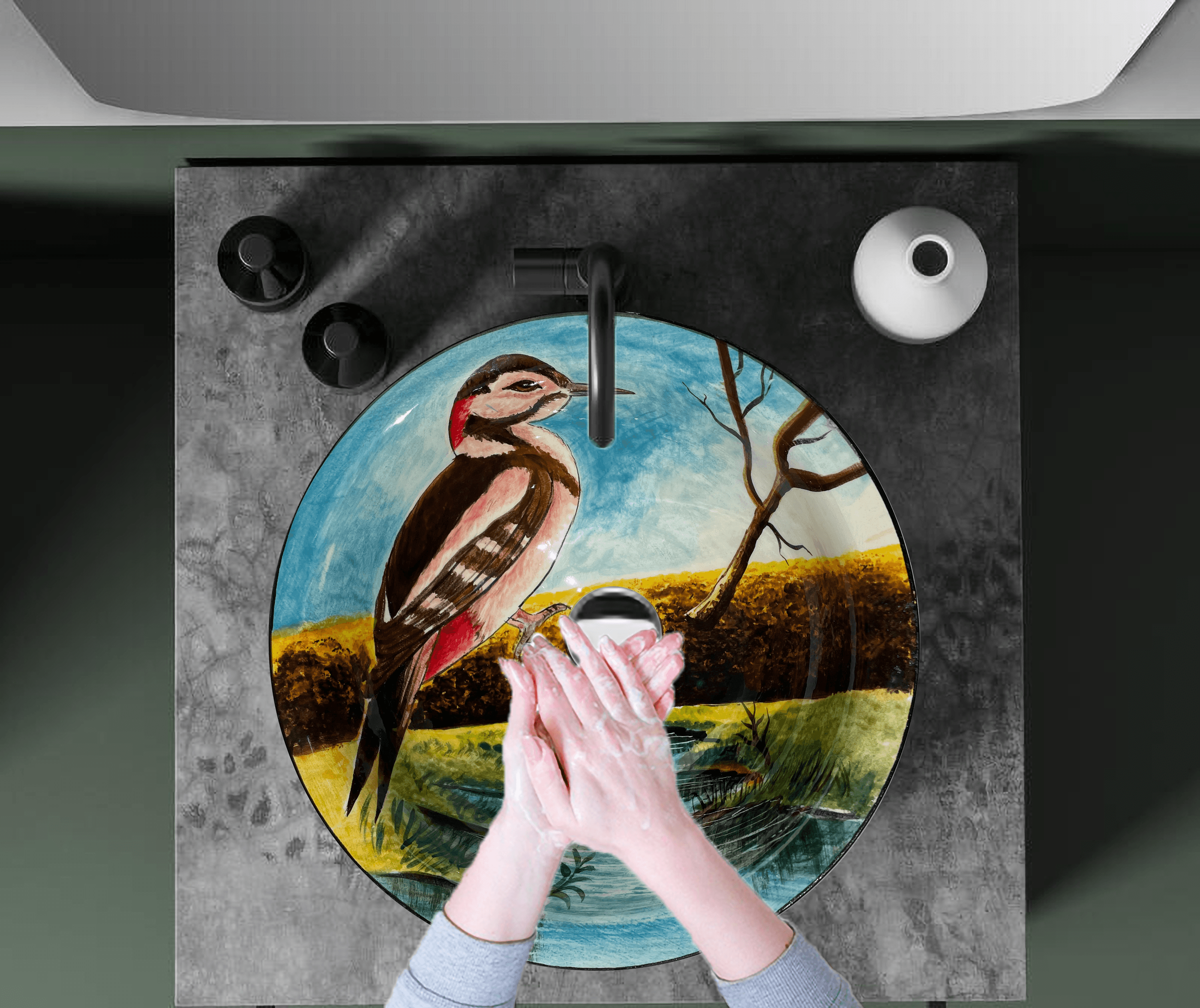 Hand Painted Bathroom Vanity Top Ceramic Vessel Sink - Woodpecker