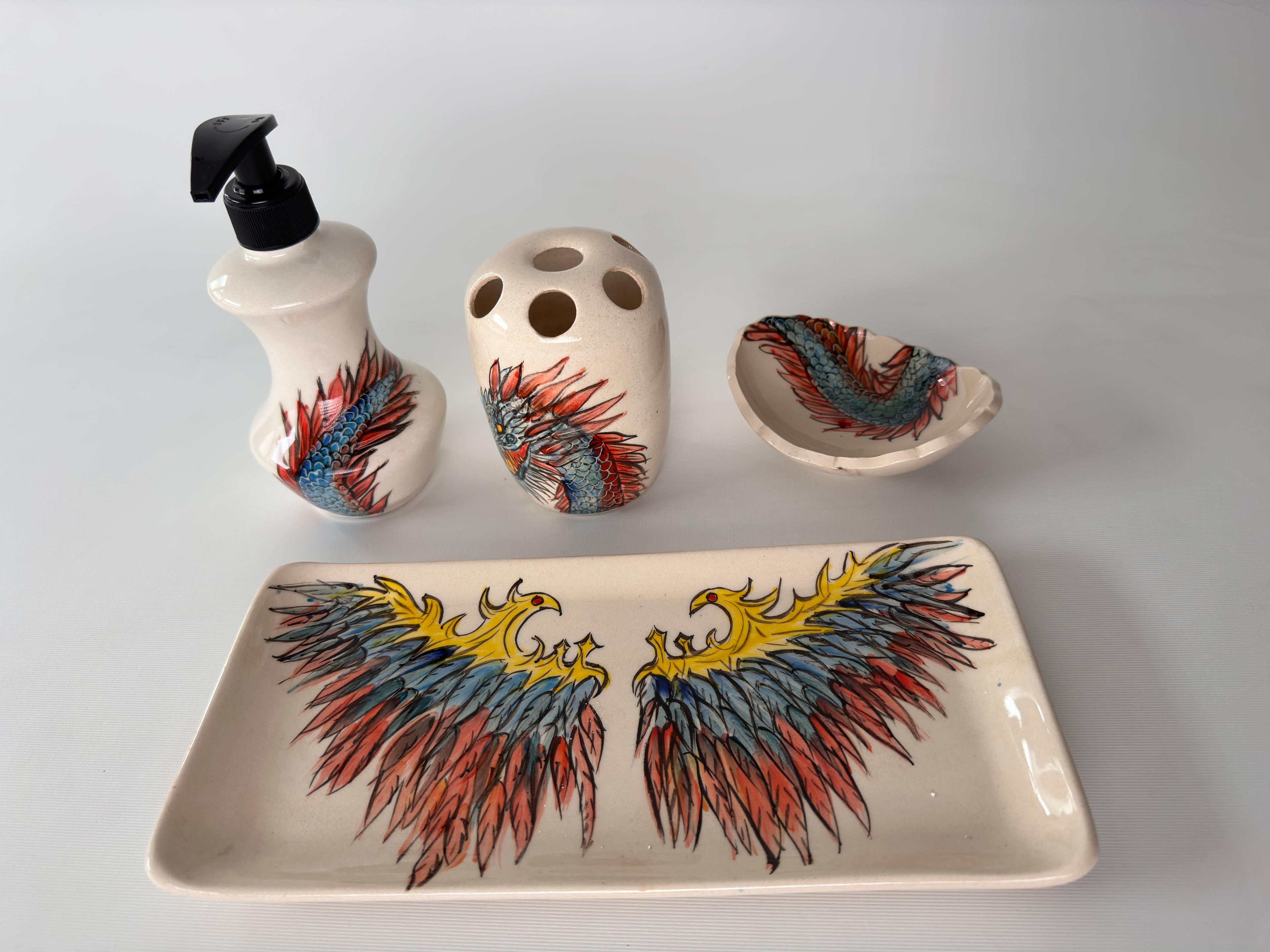 Hand Painted Ceramic Bathroom Accessory Set - Dragon and Phoenix